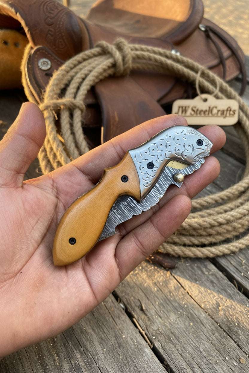 Palmarius Outdoors Honeywood Hawkbill Folder Knife 8" Handmade Wood Handle Damascus Blade Folding Knife