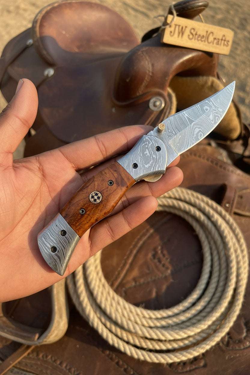 Palmarius Outdoors Dusty Trail Pocket Knife 7" Handmade Damascus Steel Folding Knife | JW Steelcrafts Folding Knife