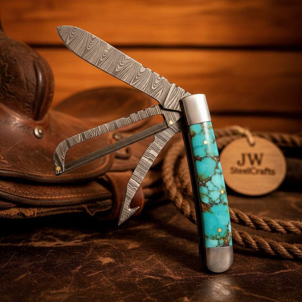 Palmarius Outdoors Turquoise Vein Damascus Trapper Folder Knife 7" Handmade Two-Blade with Resin Handle Trapper Knives