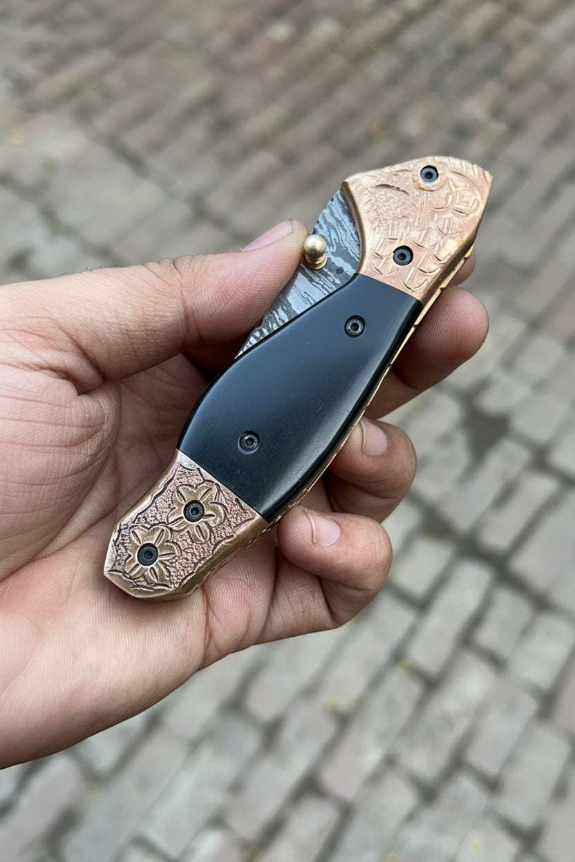 Palmarius Outdoors Duskhorn Damascus Folder 7.5" Handmade Micarta Handle Horn Bolster Folding Knife