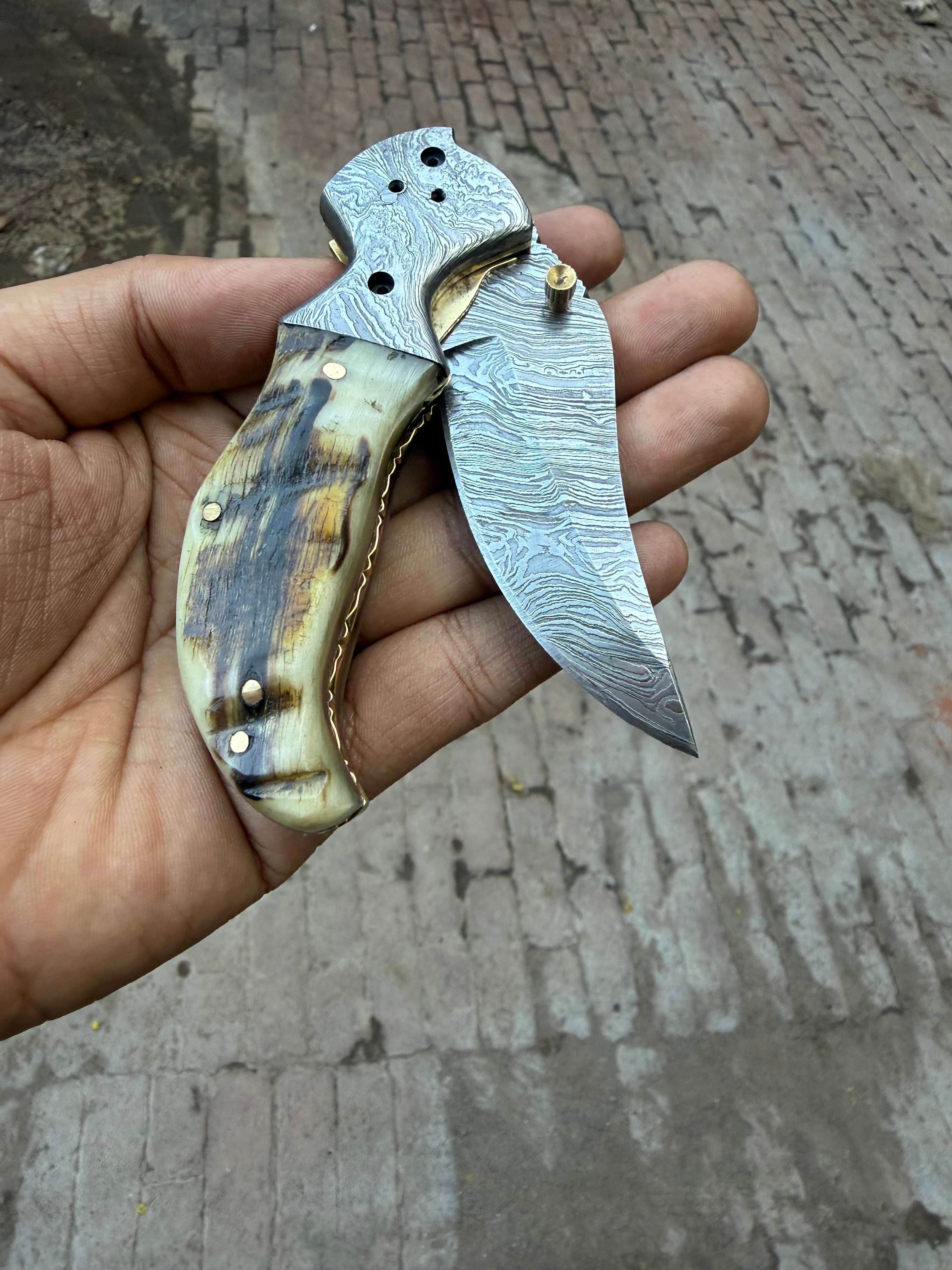 Palmarius Outdoors Pearlridge Damascus Folder 7" Handmade Mother of Pearl Lock Back Back Lock Folder