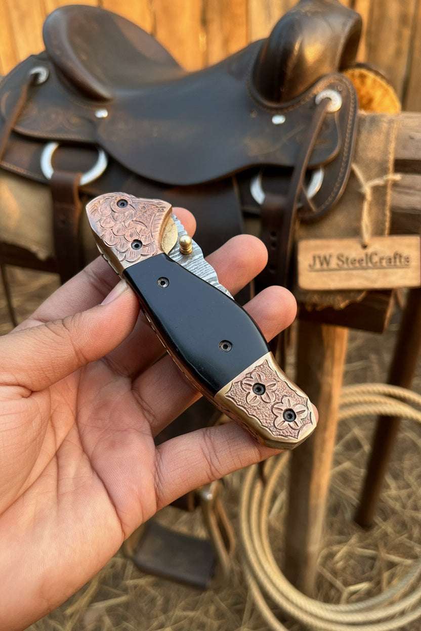 Palmarius Outdoors Duskhorn Damascus Folder 7.5" Handmade Micarta Handle Horn Bolster Folding Knife