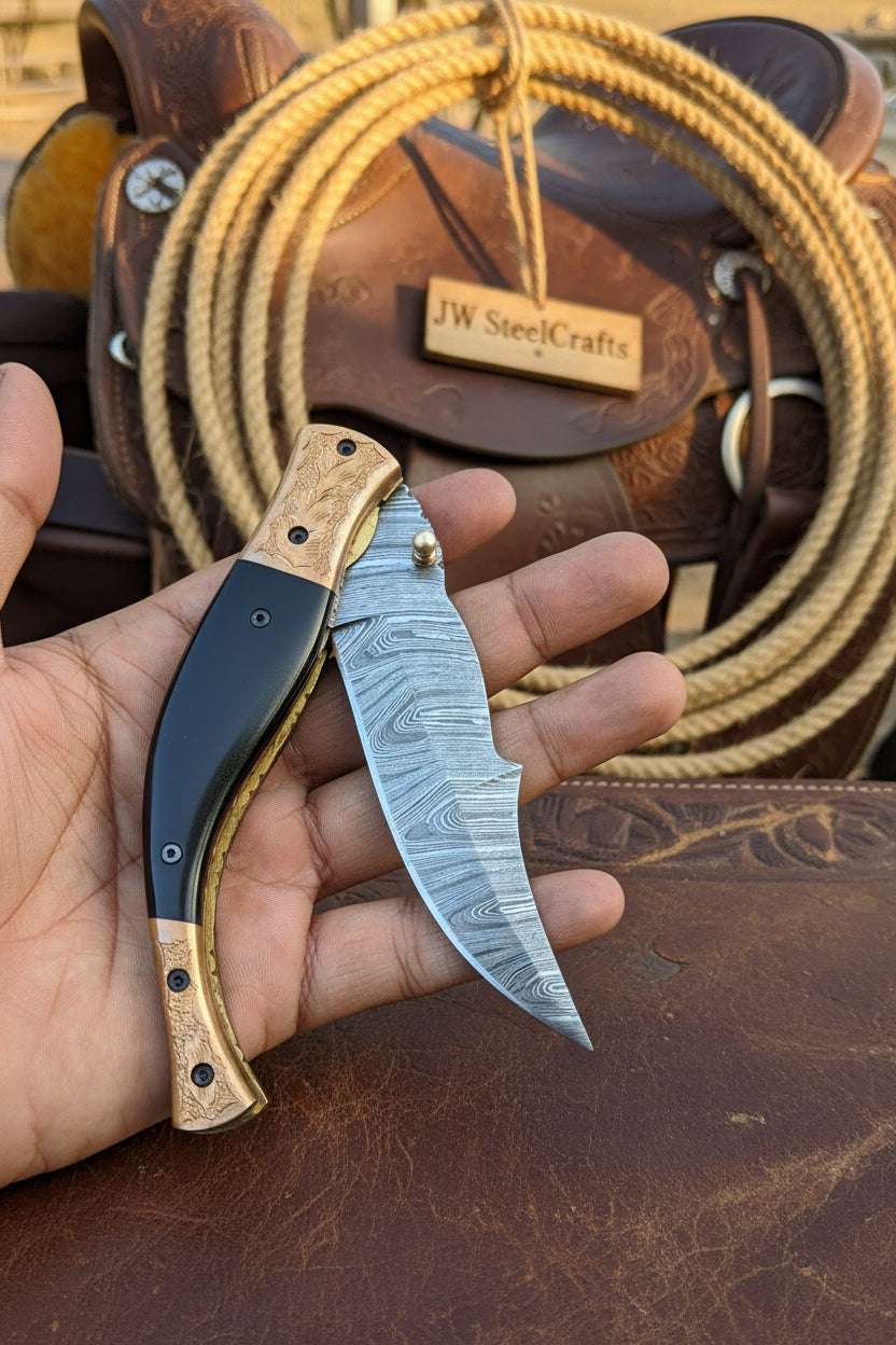 Palmarius Outdoors Hidewood Skinner Folder Knife 8" Handmade Damascus Micarta Handle Back Lock Folder