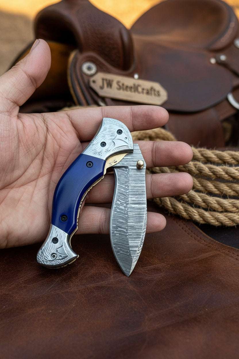 Palmarius Outdoors Silverline Ridge Curved Folder Knife 8" Handmade Damascus Steel Resin Handle Folding Knife