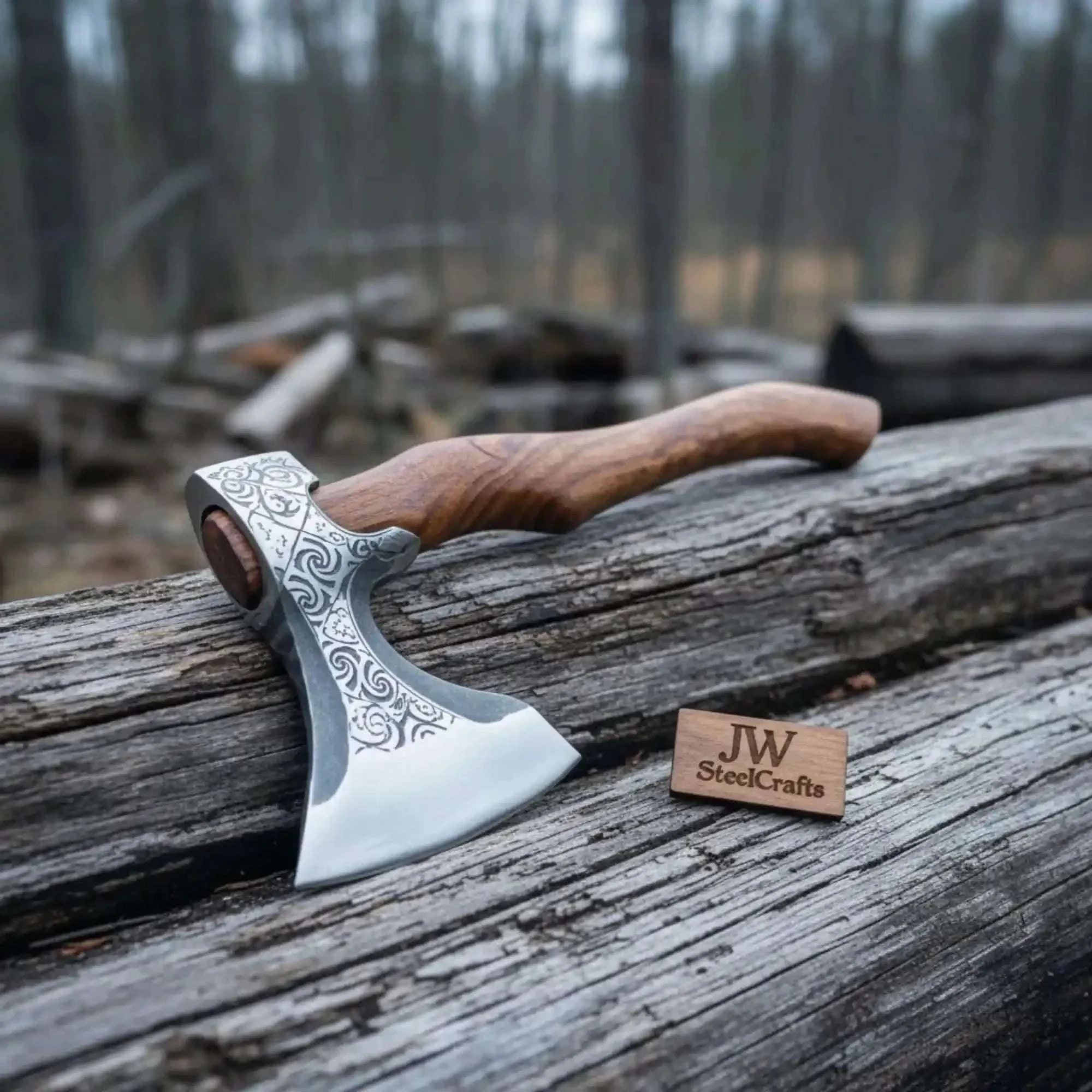 Palmarius Outdoors Hand-Engraved Nordic Hatchet, Polished Carbon Steel Head, Curved Hardwood Handle | JW SteelCrafts Handmade Axe