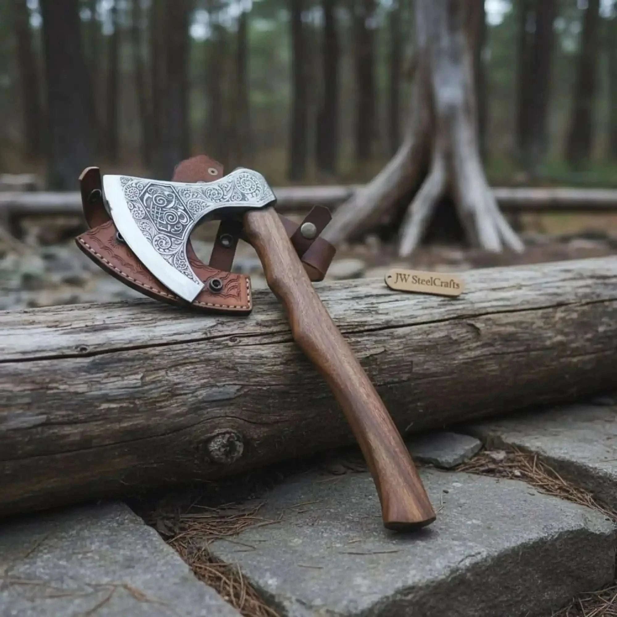 Palmarius Outdoors Norse Pattern Acid Etched Bushcraft Belt Viking Bearded Axe with Leather Carry Sheath Handmade Axe