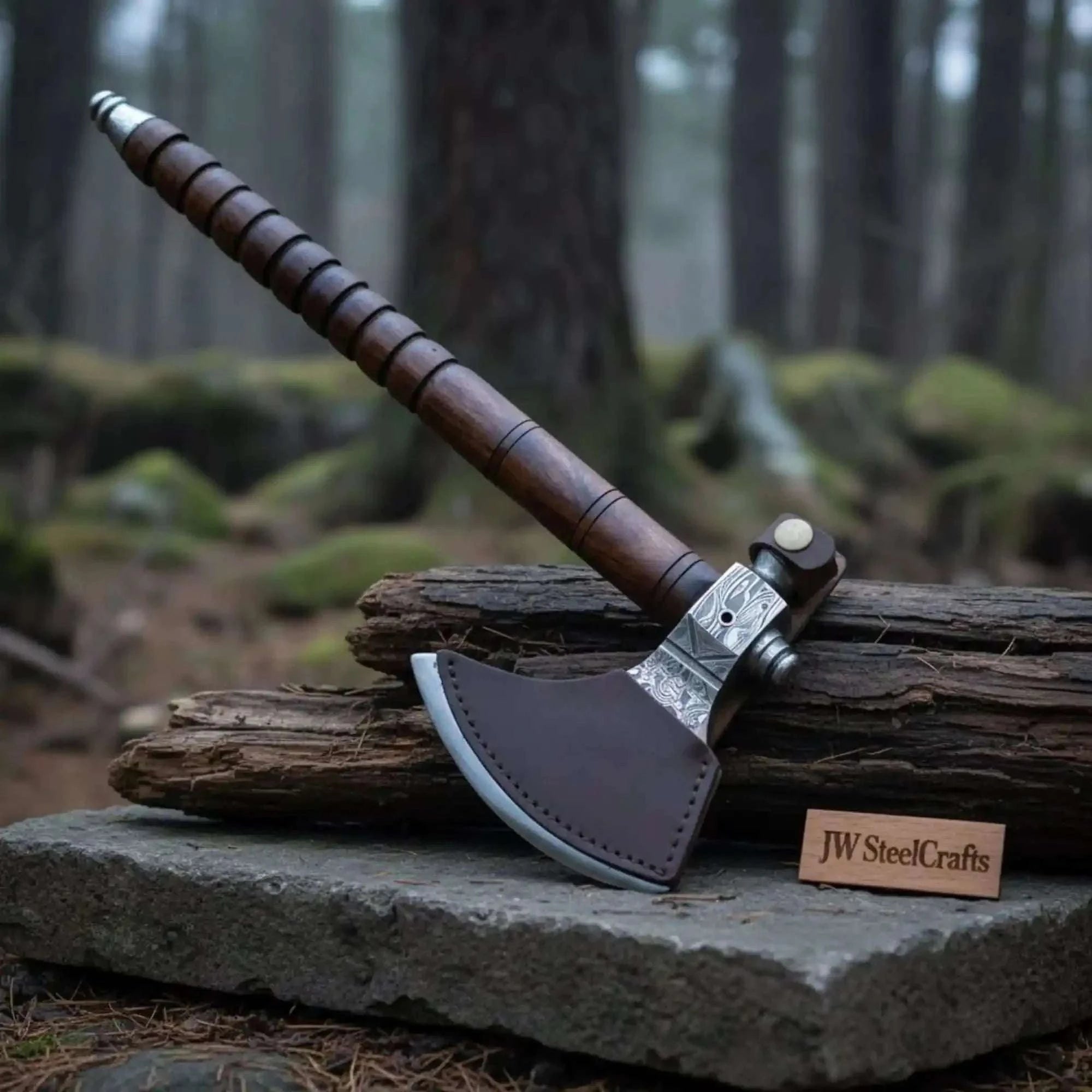 Palmarius Outdoors Hand Forged Damascus Smoking Axe with Ringed Hardwood Handle and Leather Sheath | JW SteelCrafts Handmade Axe