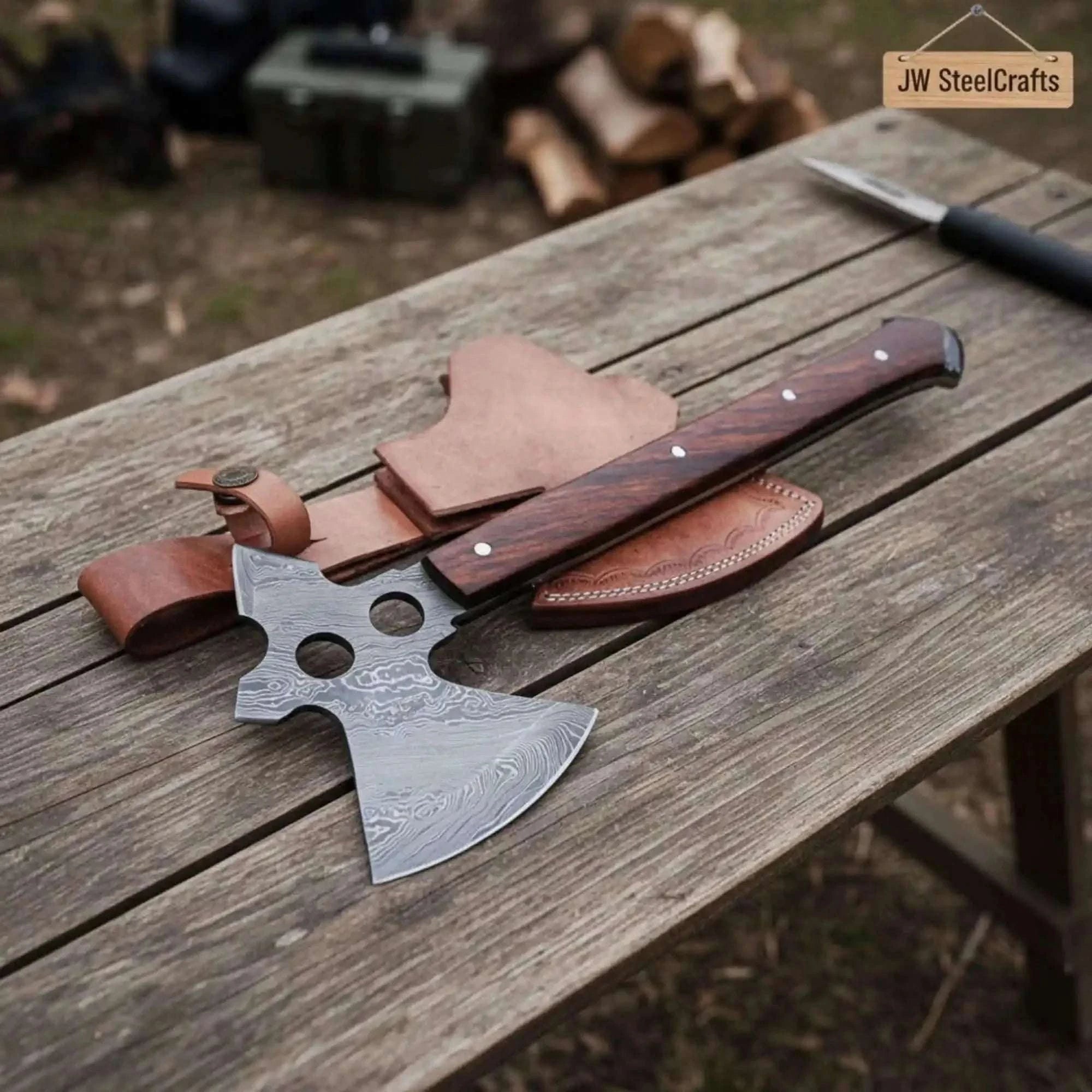 Palmarius Outdoors Damascus Tri-Hole Tomahawk with Skeletonized Forged Head Handmade Axe