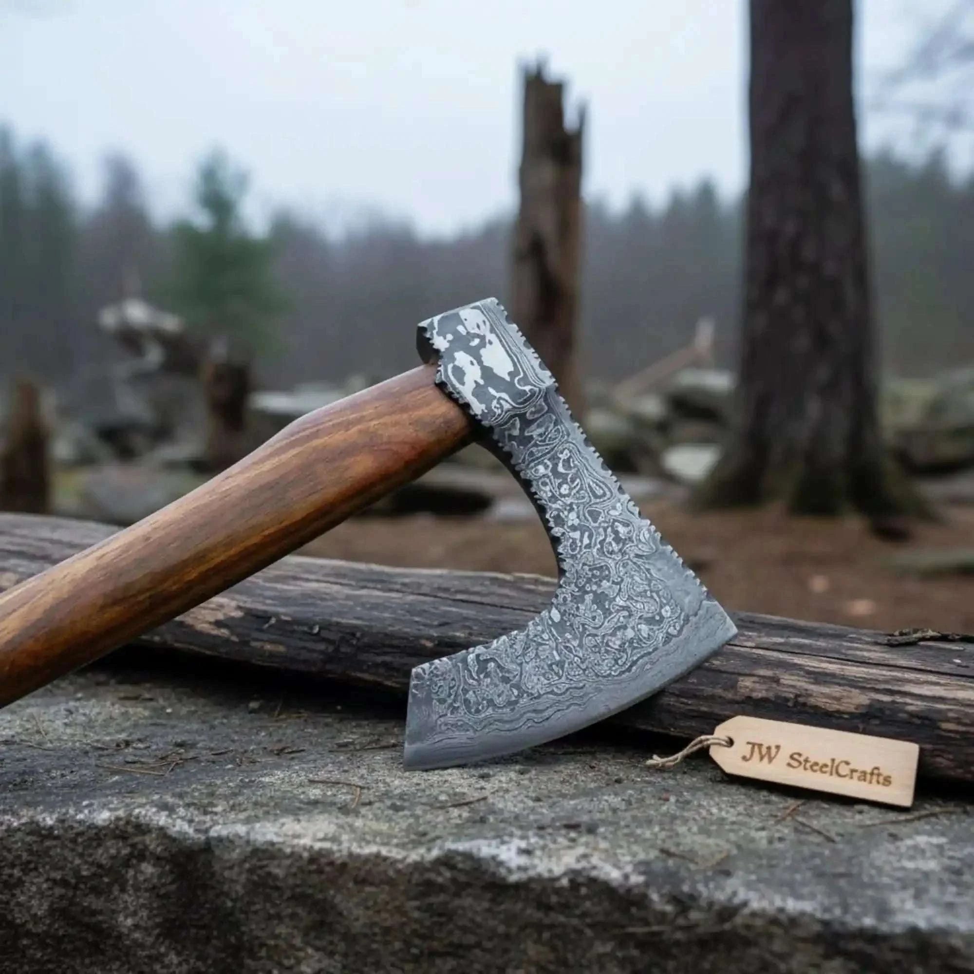 Palmarius Outdoors Custom Handmade Bearded Viking Axe with Damascus Steel Blade and Hardwood Handle | JW SteelCrafts Handmade Axe