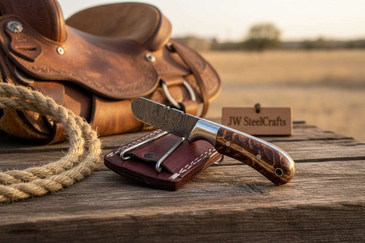 Palmarius Outdoors Amber Grain Ranch Drop Point Knife 6" Handmade Damascus Steel Wood Handle Bull Cutter Knives Set