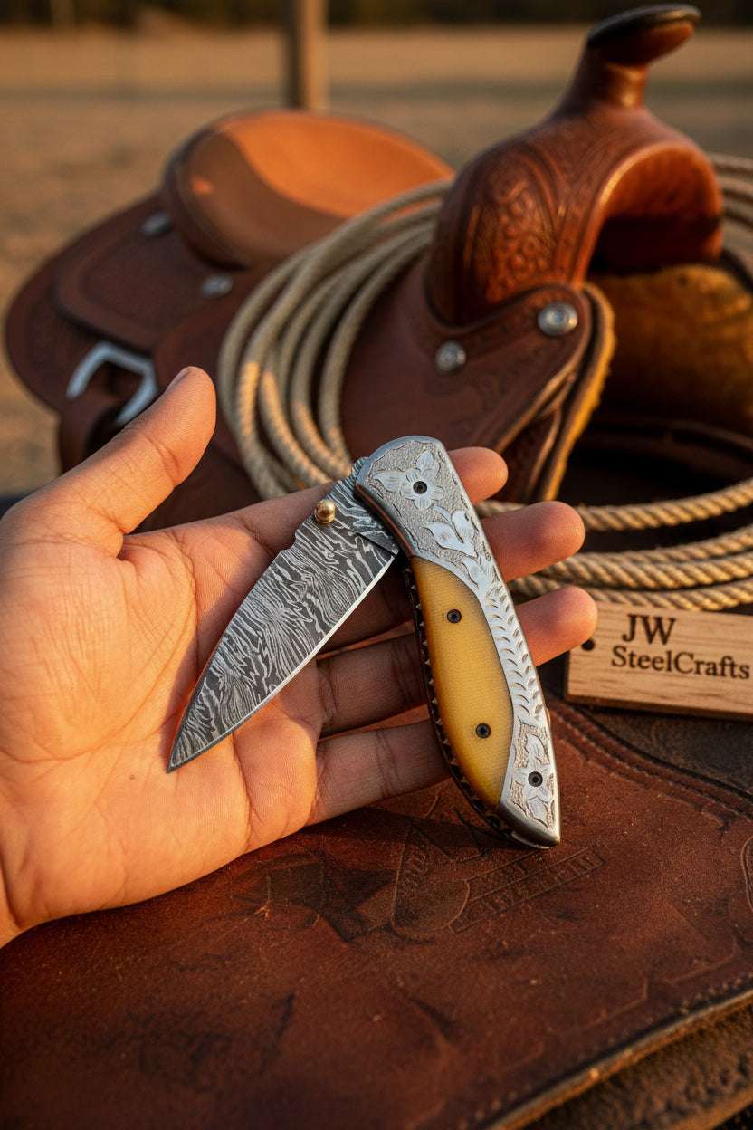 Palmarius Outdoors Boneridge Damascus Folder 7" Premium Bone Handle with Damascus Bolster Folding Knife