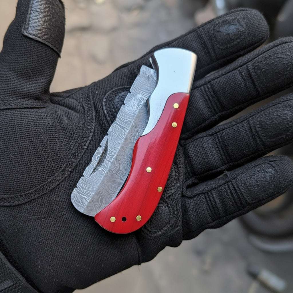 Palmarius Outdoors Crimson Ridge Folding Bull Cutter 8" Handmade Damascus Wood Handle Folding Knife