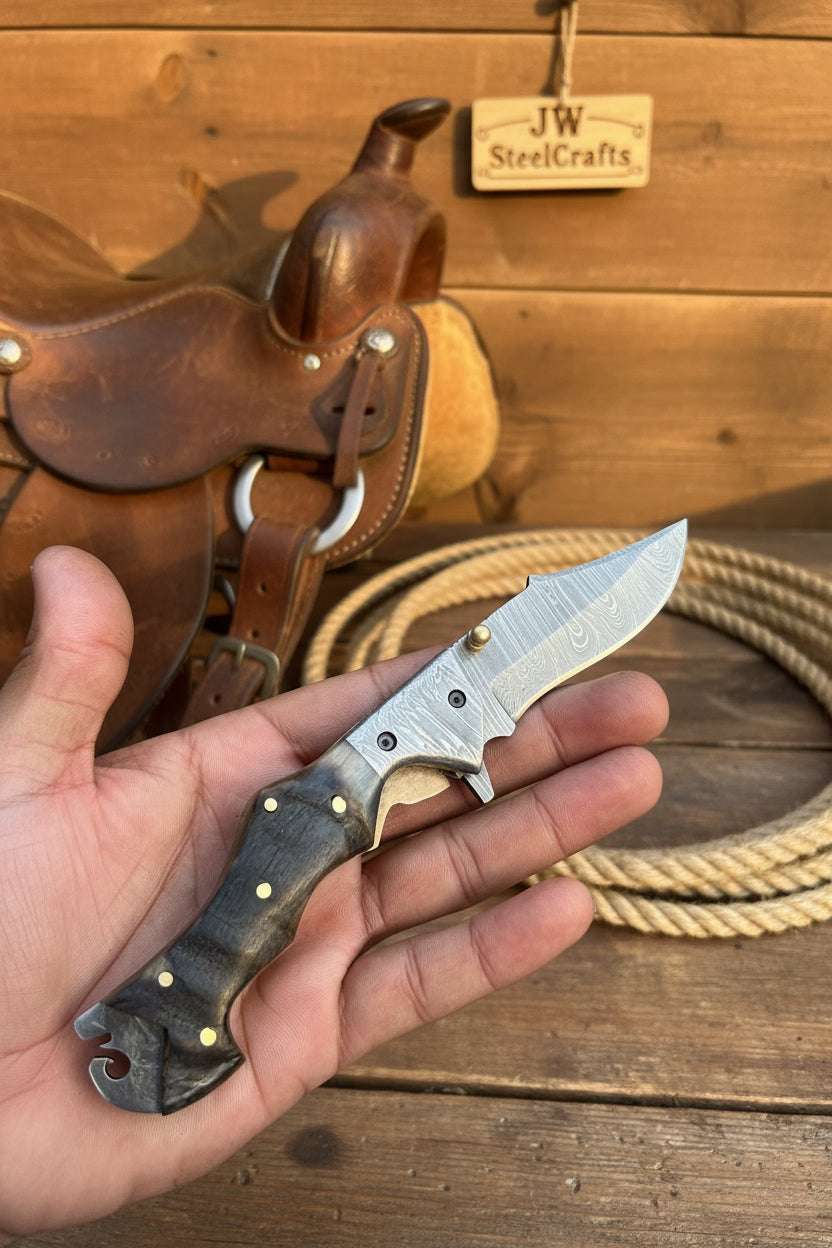 Palmarius Outdoors Grithorn Damascus Folder 7" Handmade Horn Handle Lock Back Mechanism Back Lock Folder