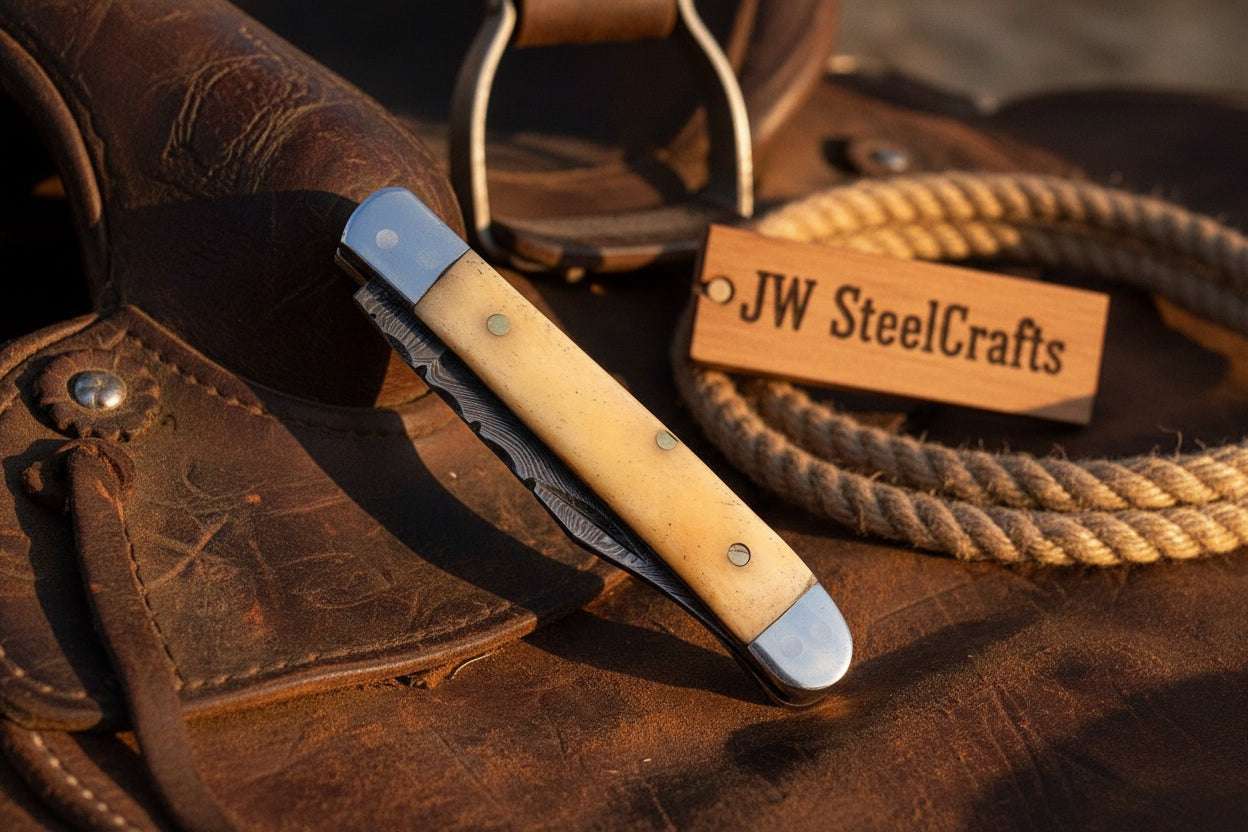 Palmarius Outdoors Handmade Damascus Steel Folding Pocket Trapper Knife 4"with Bone Handle Trapper Knives