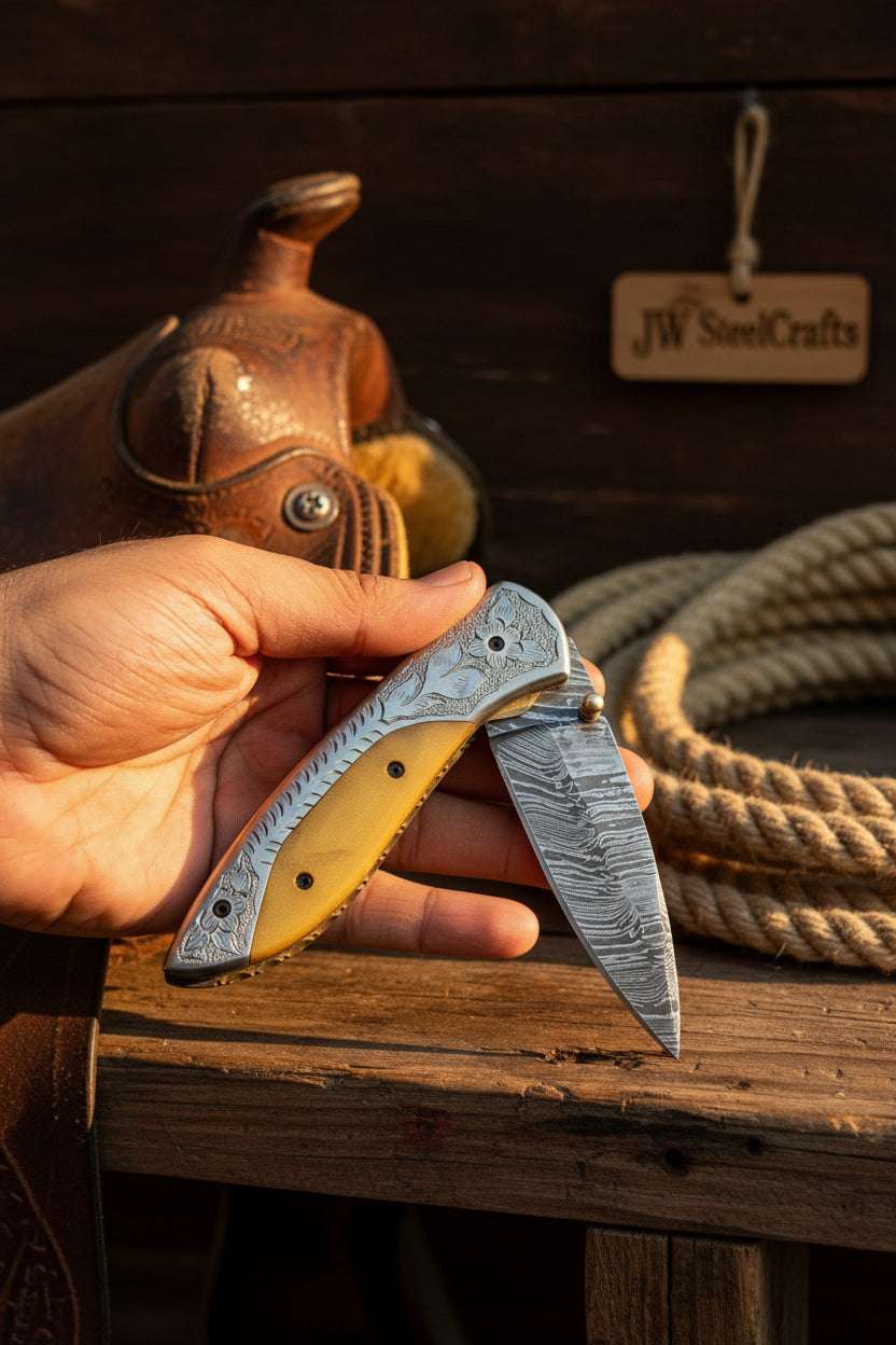 Palmarius Outdoors Boneridge Damascus Folder 7" Premium Bone Handle with Damascus Bolster Folding Knife