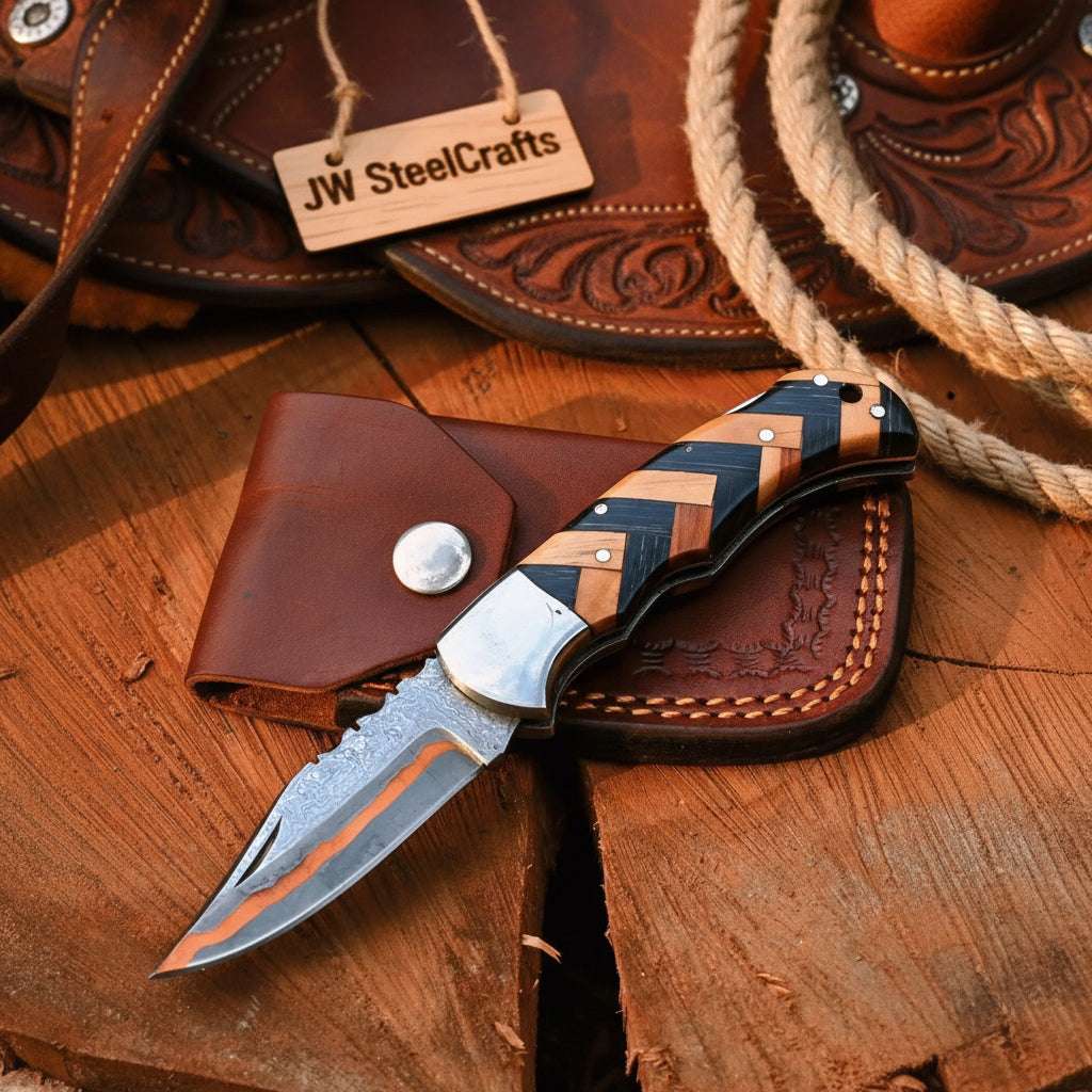 Palmarius Outdoors Timberline Trapper Skinner Knife Handmade Damascus Liner Lock wood handle Folding Knife