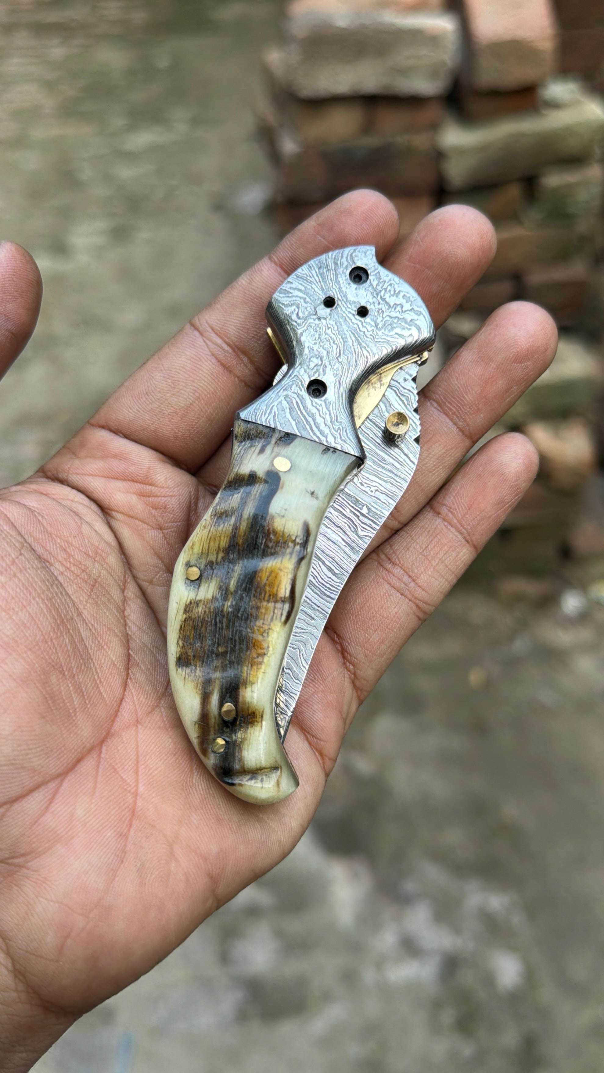 Palmarius Outdoors Pearlridge Damascus Folder 7" Handmade Mother of Pearl Lock Back Back Lock Folder