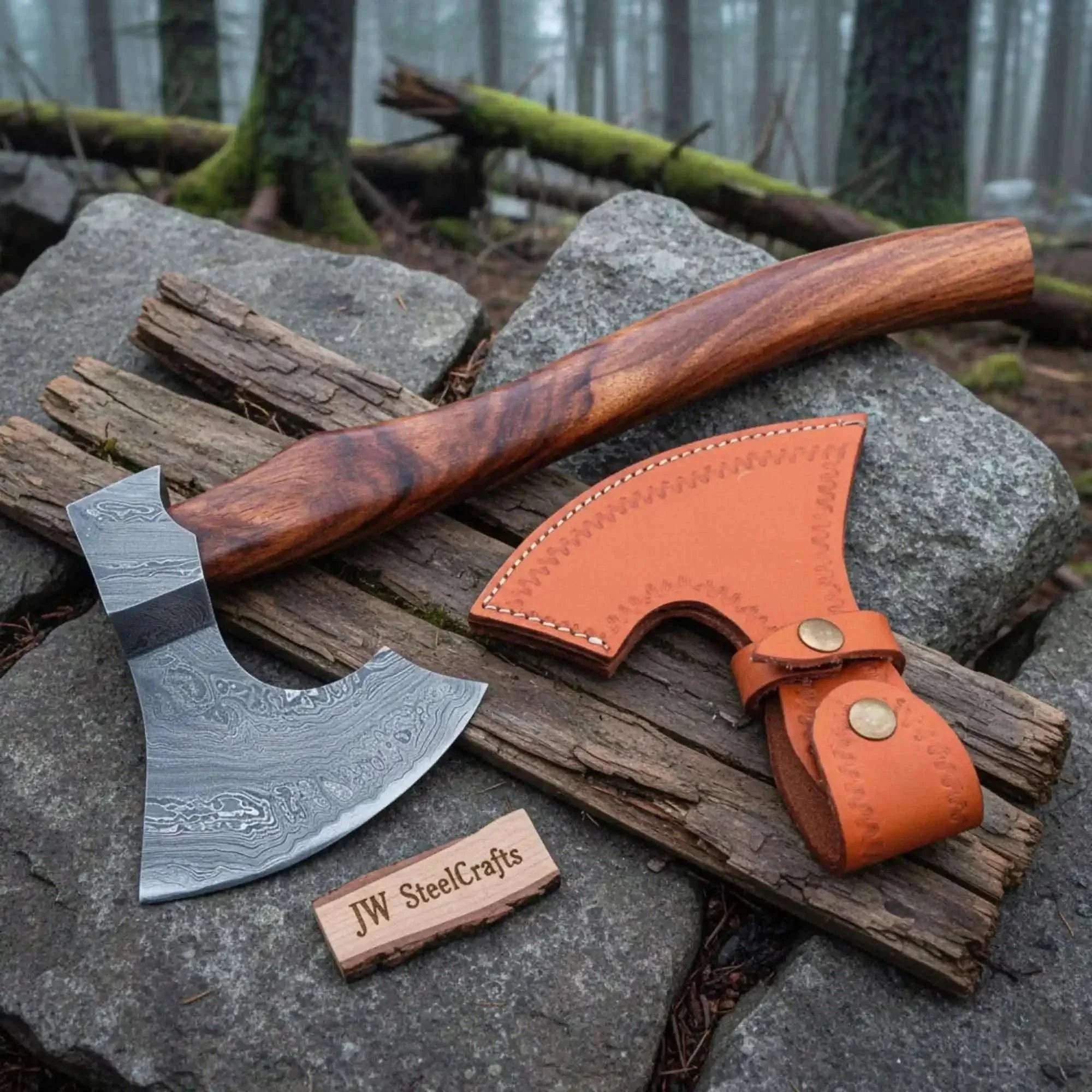 Palmarius Outdoors Pattern-Welded Damascus Viking Bearded Axe with Curved Rosewood Handle Handmade Axe