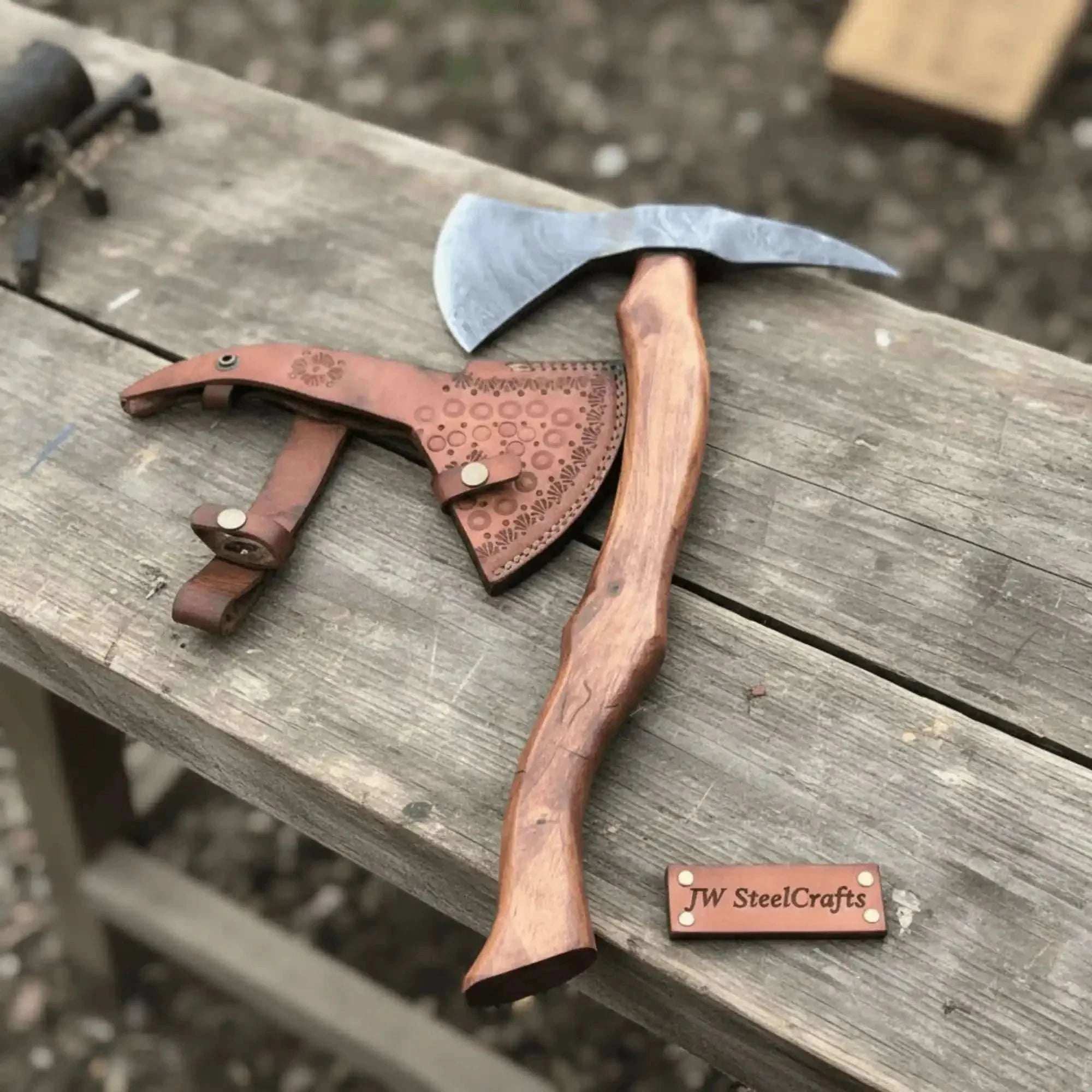 Palmarius Outdoors Damascus Bearded Spike Tomahawk with Forged Spike Poll Handmade Axe
