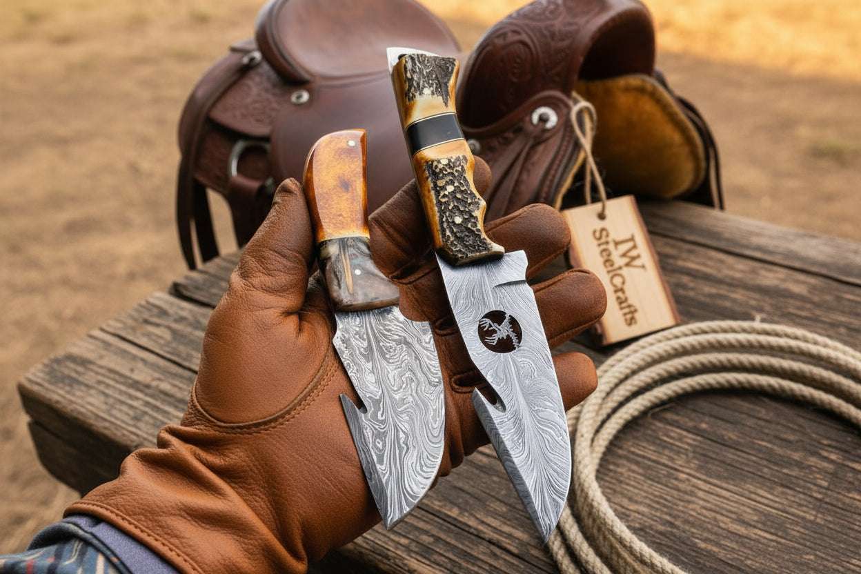 Palmarius Outdoors Fielddraw Gut Hook Knife 8" Handmade Damascus Stag Bone Handle Handmade Gut Hook Knives