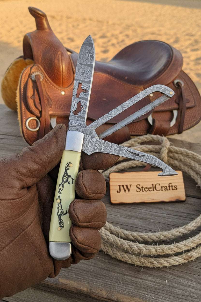 Palmarius Outdoors Ivory Stallion Trail Trapper Folder Knife 7" Handmade Damascus Steel with Ivory bone handle Trapper Knives