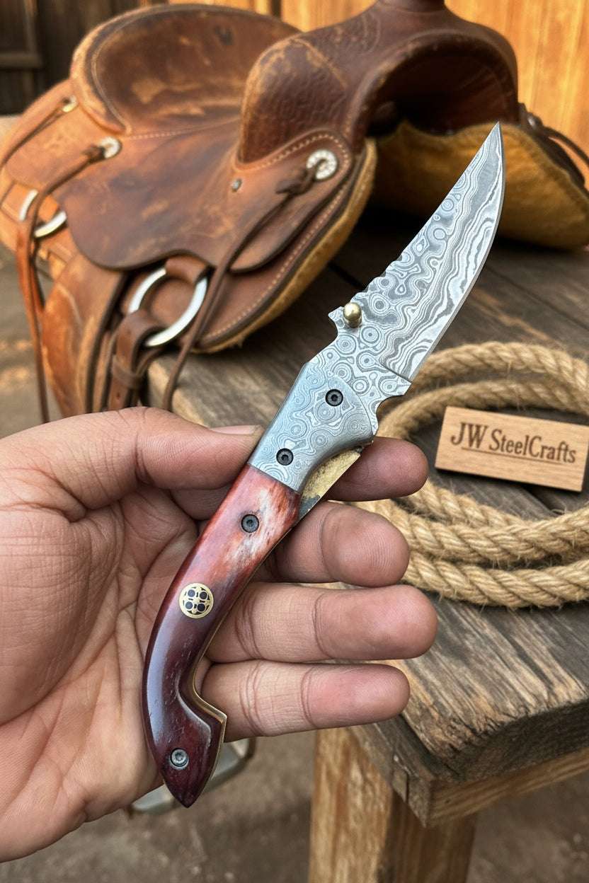 Palmarius Outdoors Twilight Burl Folder Knife 7" Handmade Burl Wood Damascus Blade Folding Knife