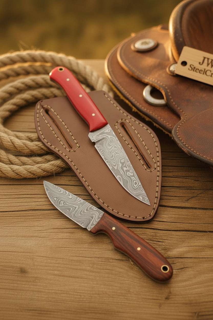 Palmarius Outdoors Ember Ridge Damascus Duo Set 9" Handmade Matching Set of 2 Hunting Knife