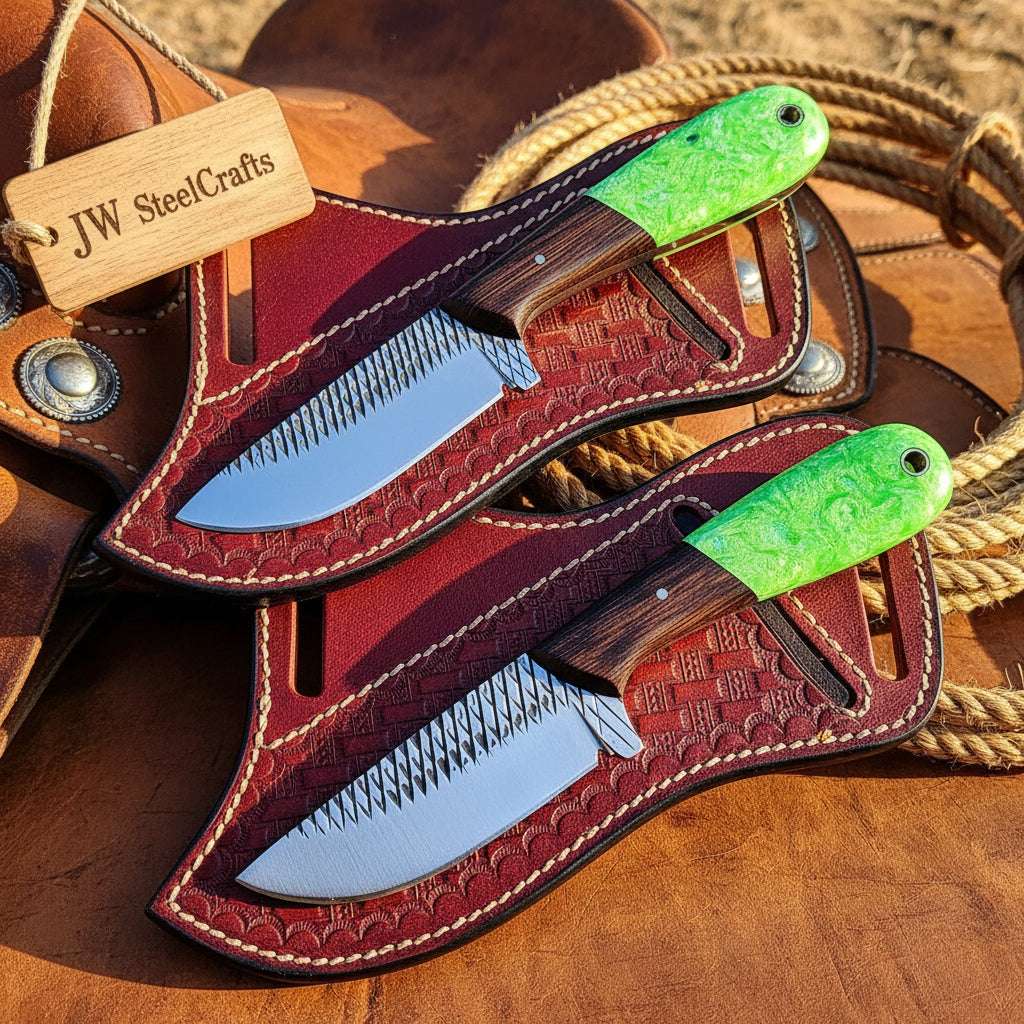 Palmarius Outdoors Emerald Trail Skinner Duo Knife 8" Handmade Damascus Set of 2 Skinner Knife