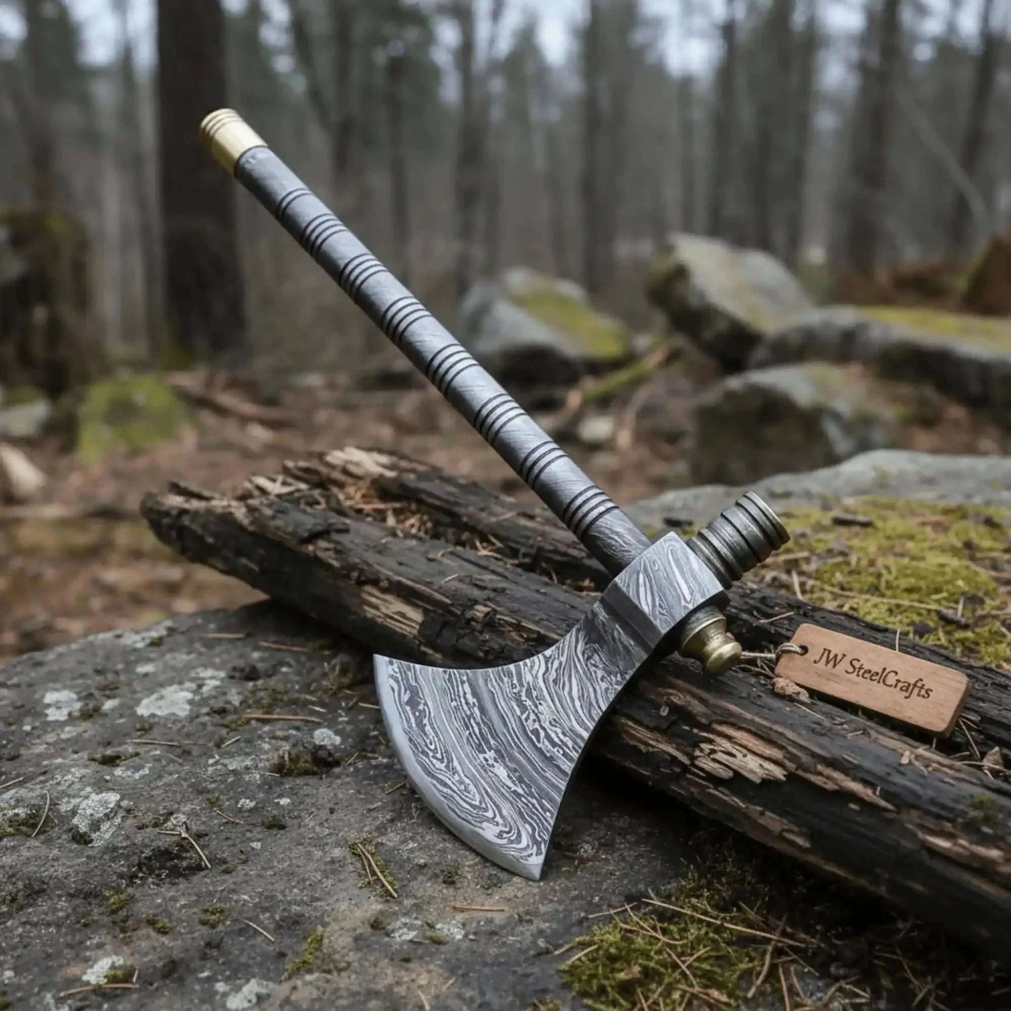 Palmarius Outdoors Damascus Steel Tabar Style Hand Axe with Crescent Edge and Spike | JW SteelCrafts Handmade Axe