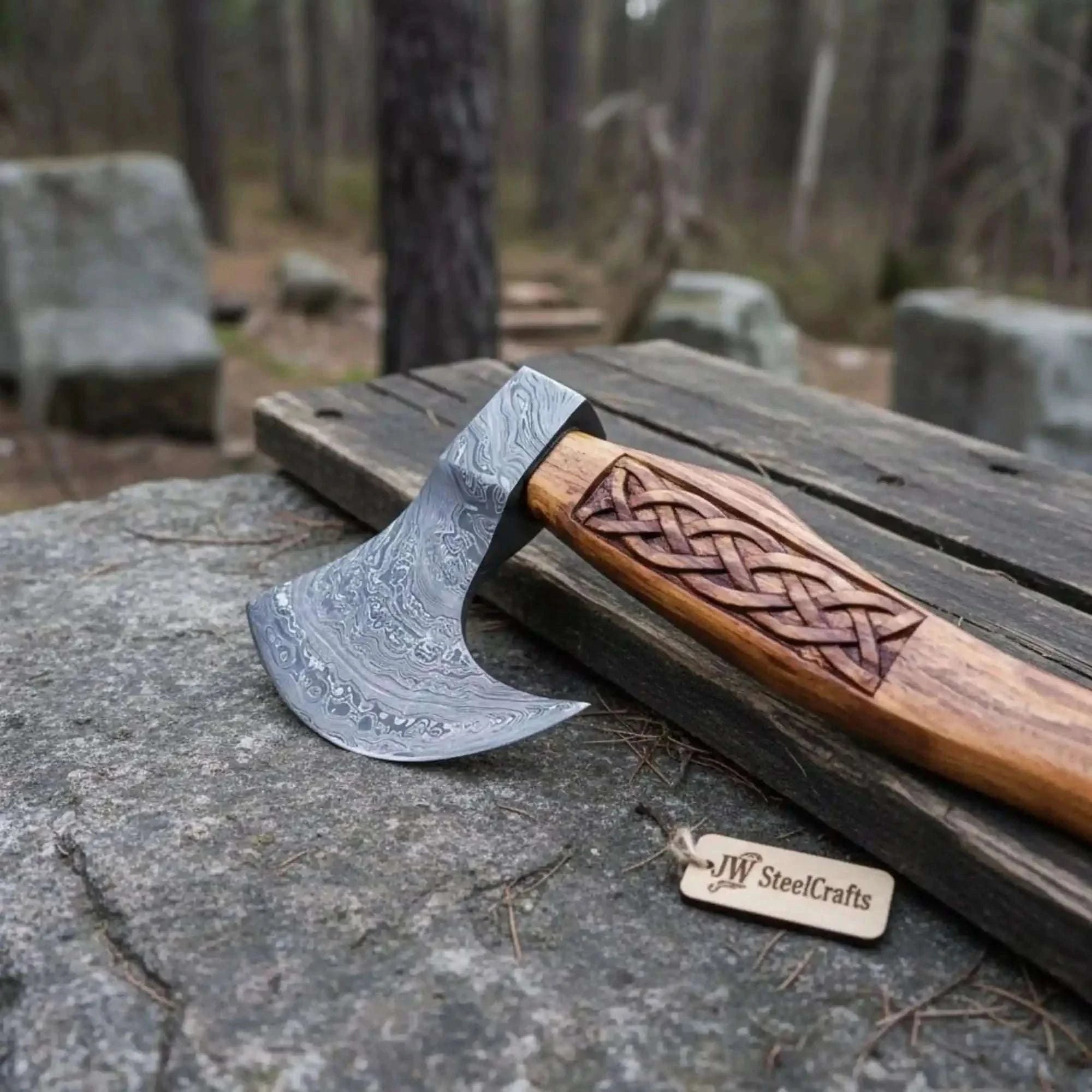 Palmarius Outdoors Fellmark Steel Camp Axe with Carved Nordic Knotwork Rosewood Handle Handmade Axe