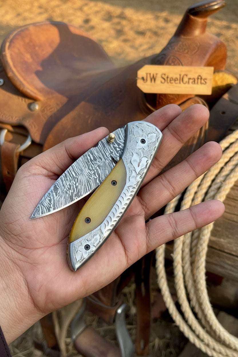 Palmarius Outdoors Boneridge Damascus Folder 7" Premium Bone Handle with Damascus Bolster Folding Knife
