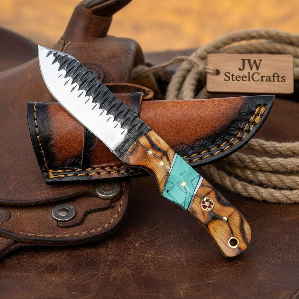 Palmarius Outdoors Ridgeback Hammered Tracker Knife 12" Handmade with Serrated Spine Tracker Knife
