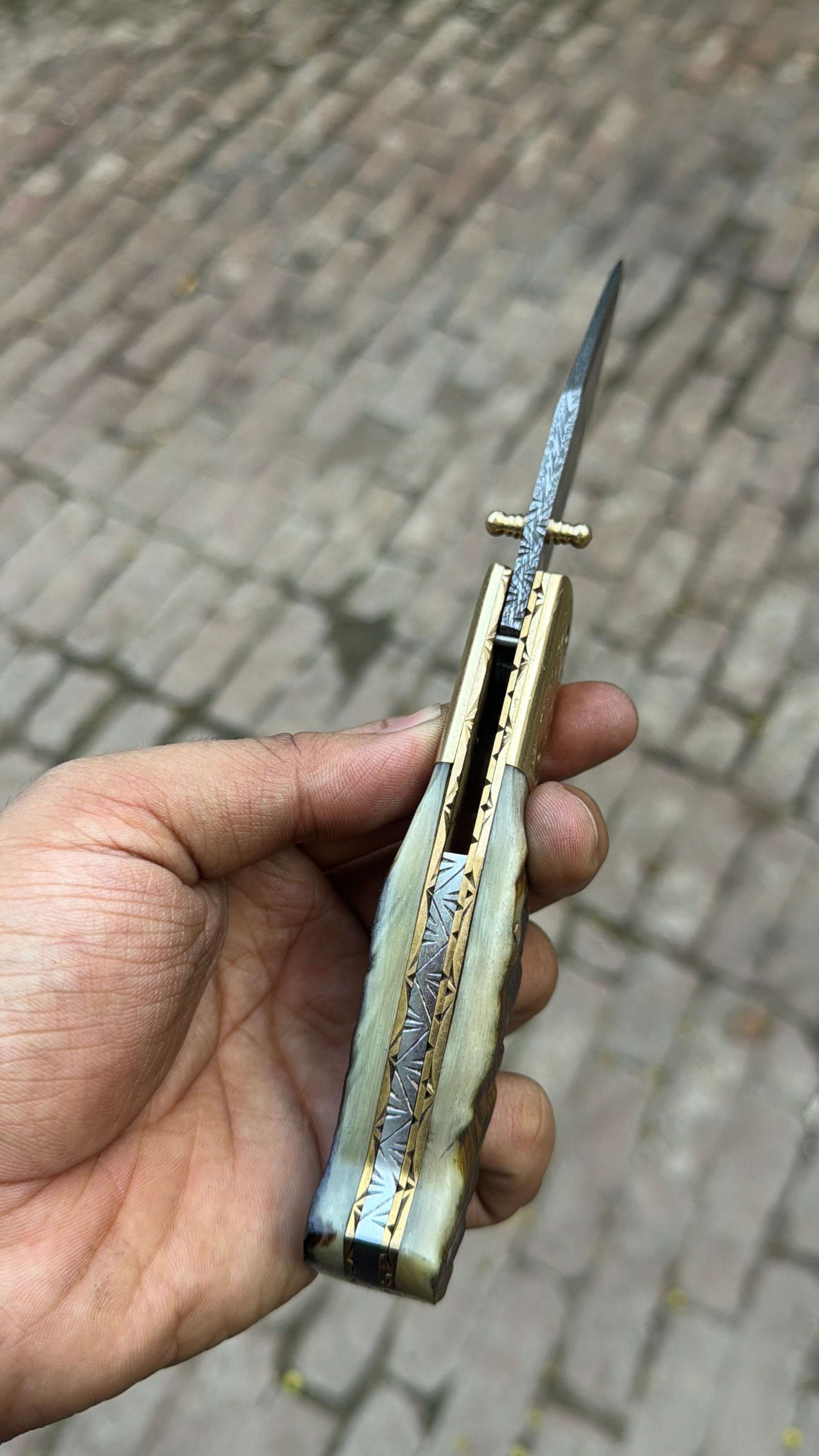 Palmarius Outdoors Stagline Damascus Folder 7" Handmade Horn Handle Damascus Bolster Folding Knife