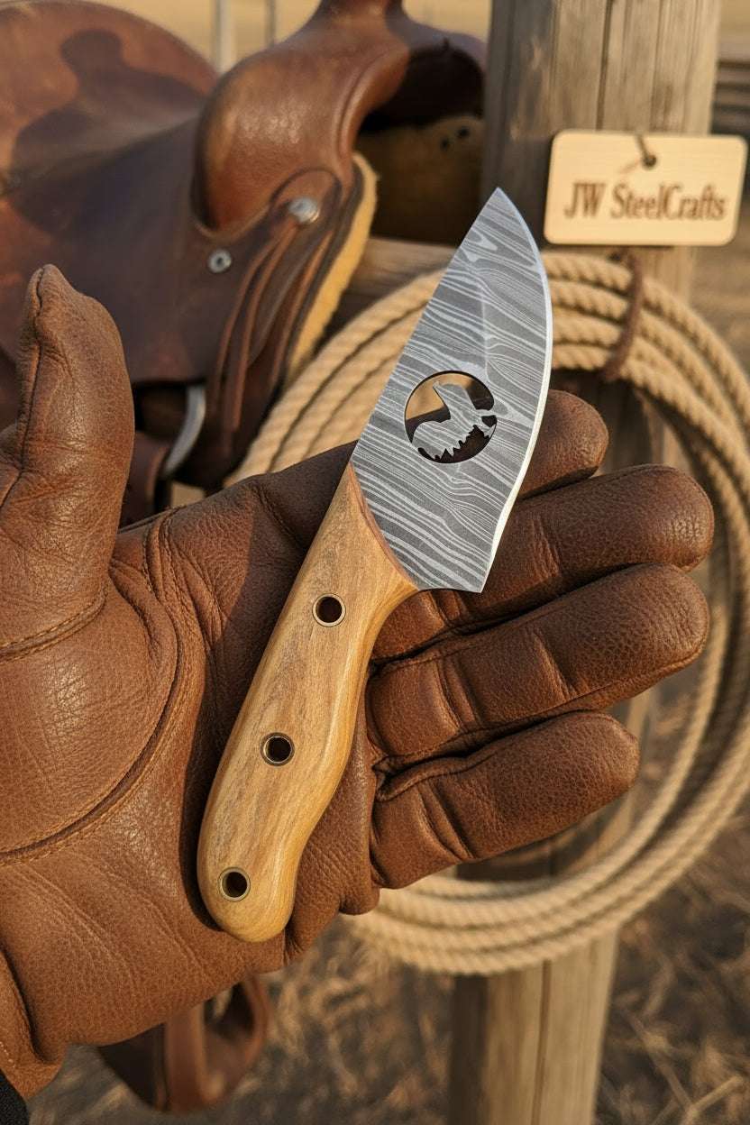 Palmarius Outdoors Olive Wood Bull Cutout Ranch Knife 5" Handmade Damascus Steel Olive Wood handle 