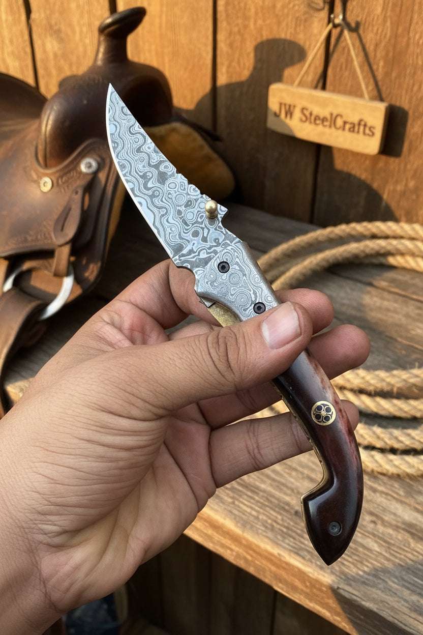 Palmarius Outdoors Twilight Burl Folder Knife 7" Handmade Burl Wood Damascus Blade Folding Knife