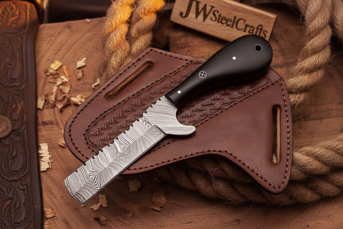 Palmarius Outdoors Blackhorn Bull Cutter Knife 7" Handmade Ladder Damascus Black Resin Handle Bull Cutter Knives Set
