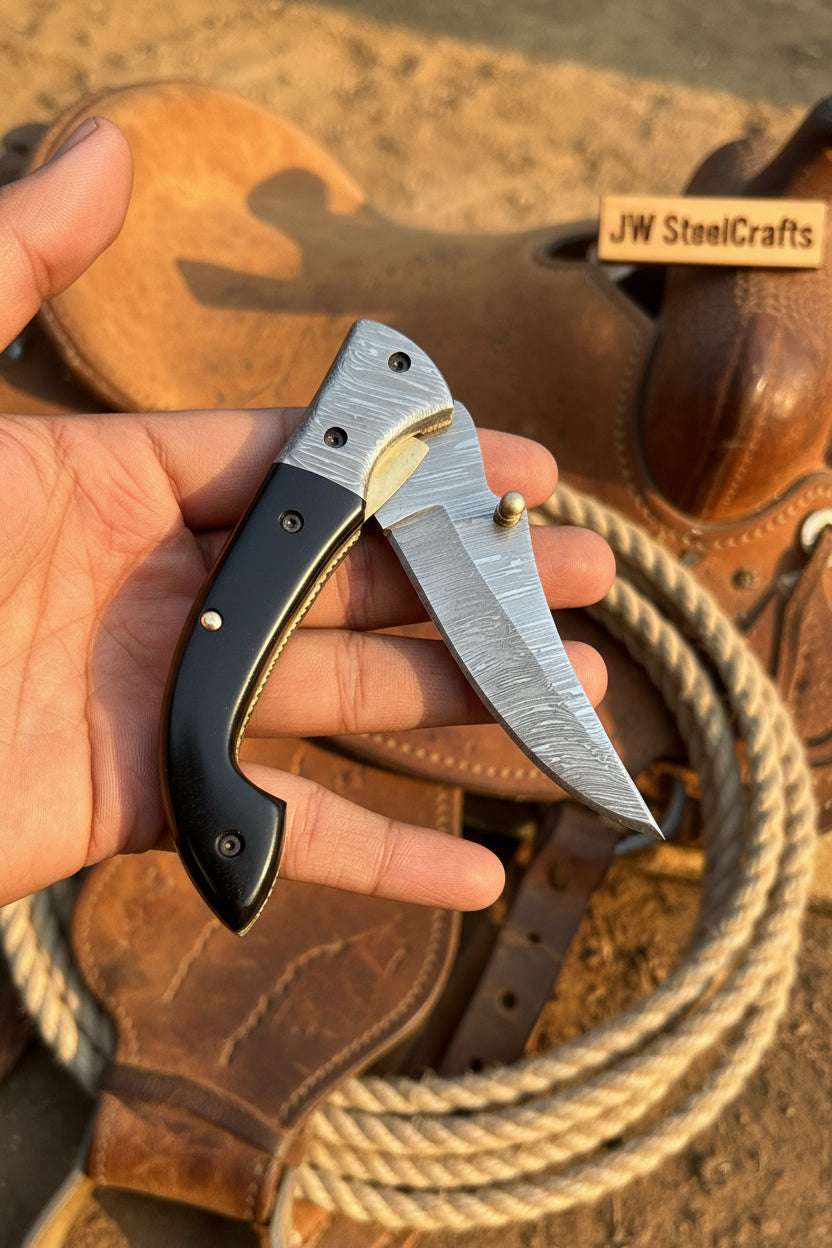 Palmarius Outdoors Darkridge Talon Folder Knife 8" Handmade Damascus Steel Hawkbill Blade Folding Knife