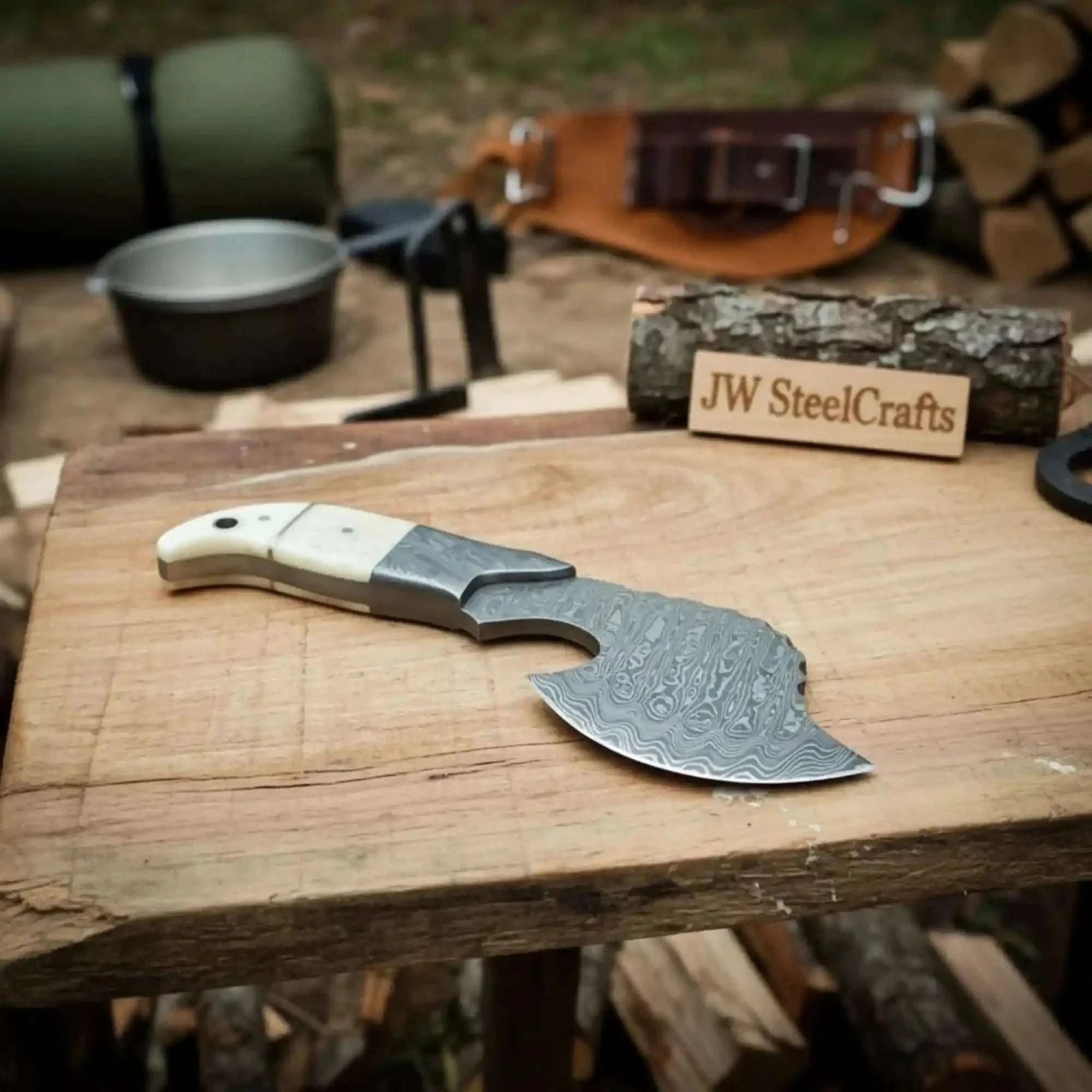 Palmarius Outdoors Damascus Cleaver Hatchet with Broad Forged Blade Handmade Axe