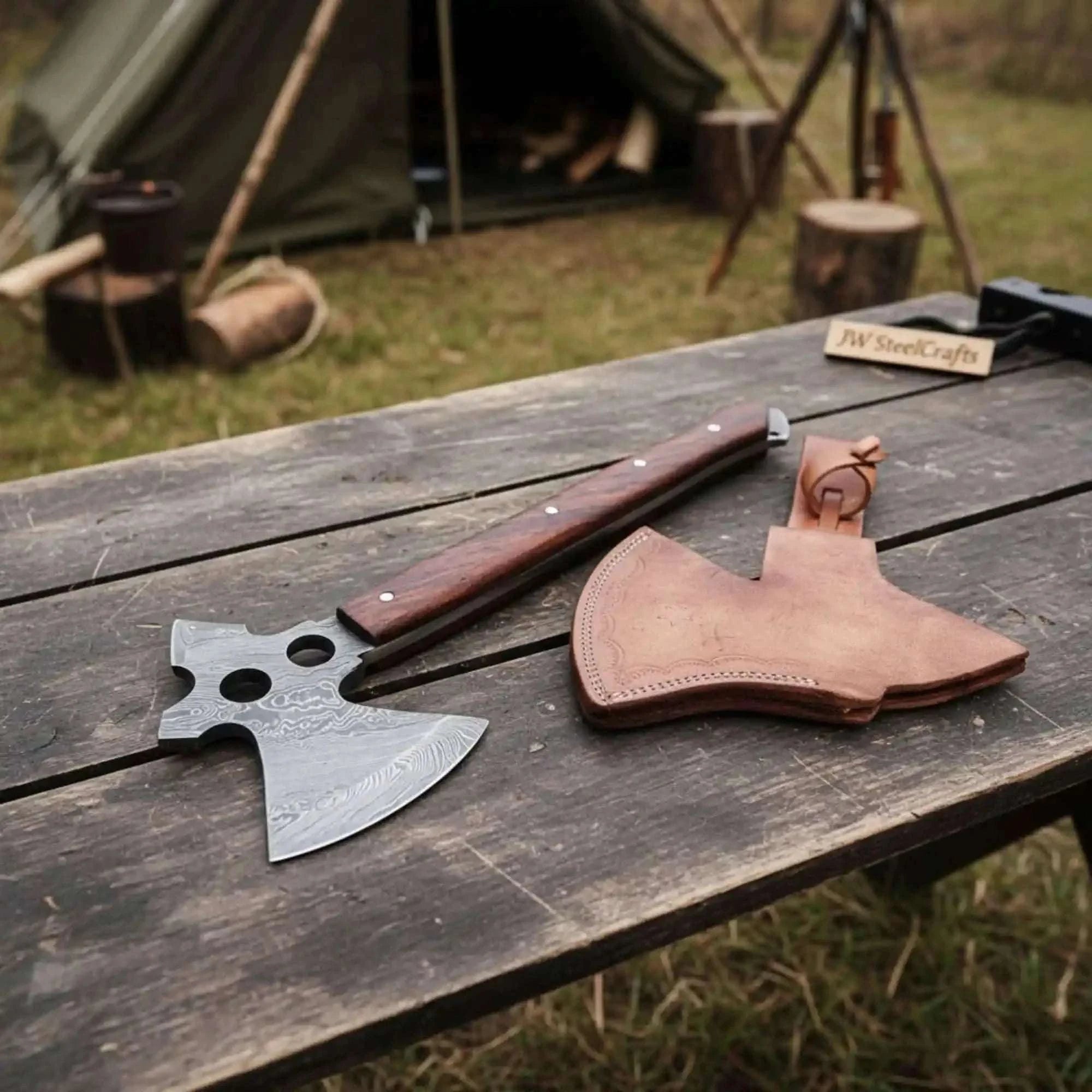 Palmarius Outdoors Damascus Tri-Hole Tomahawk with Skeletonized Forged Head Handmade Axe