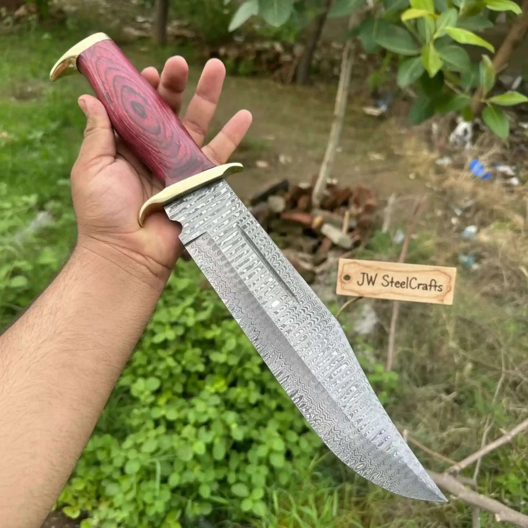Palmarius Outdoors Handmade Damascus Clip Point Bowie Utility Knife Fixed Blade Pakka Wood Handle with Guard 