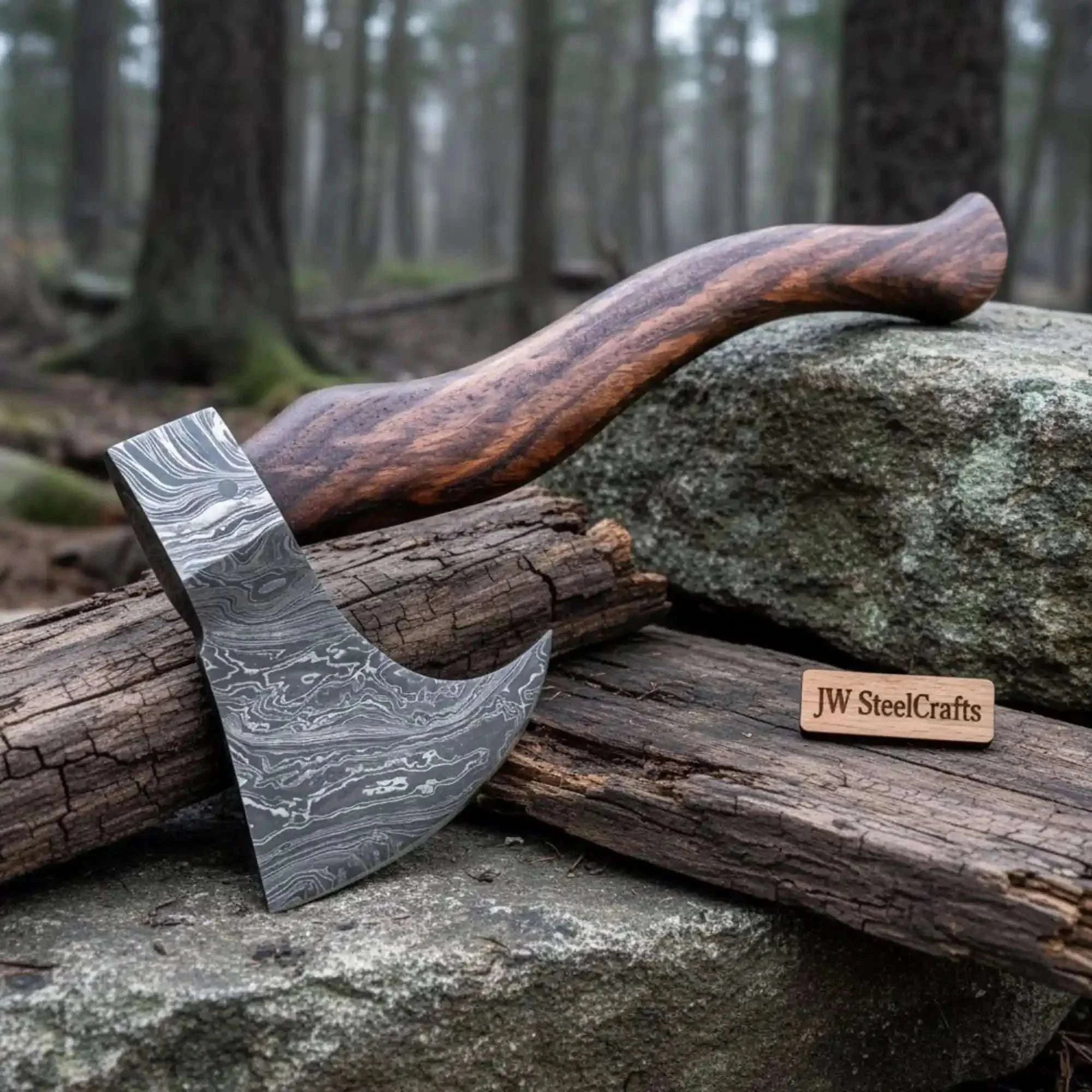 Palmarius Outdoors Damascus Bearded Chopping Axe with Curved Rosewood Handle Handmade Axe