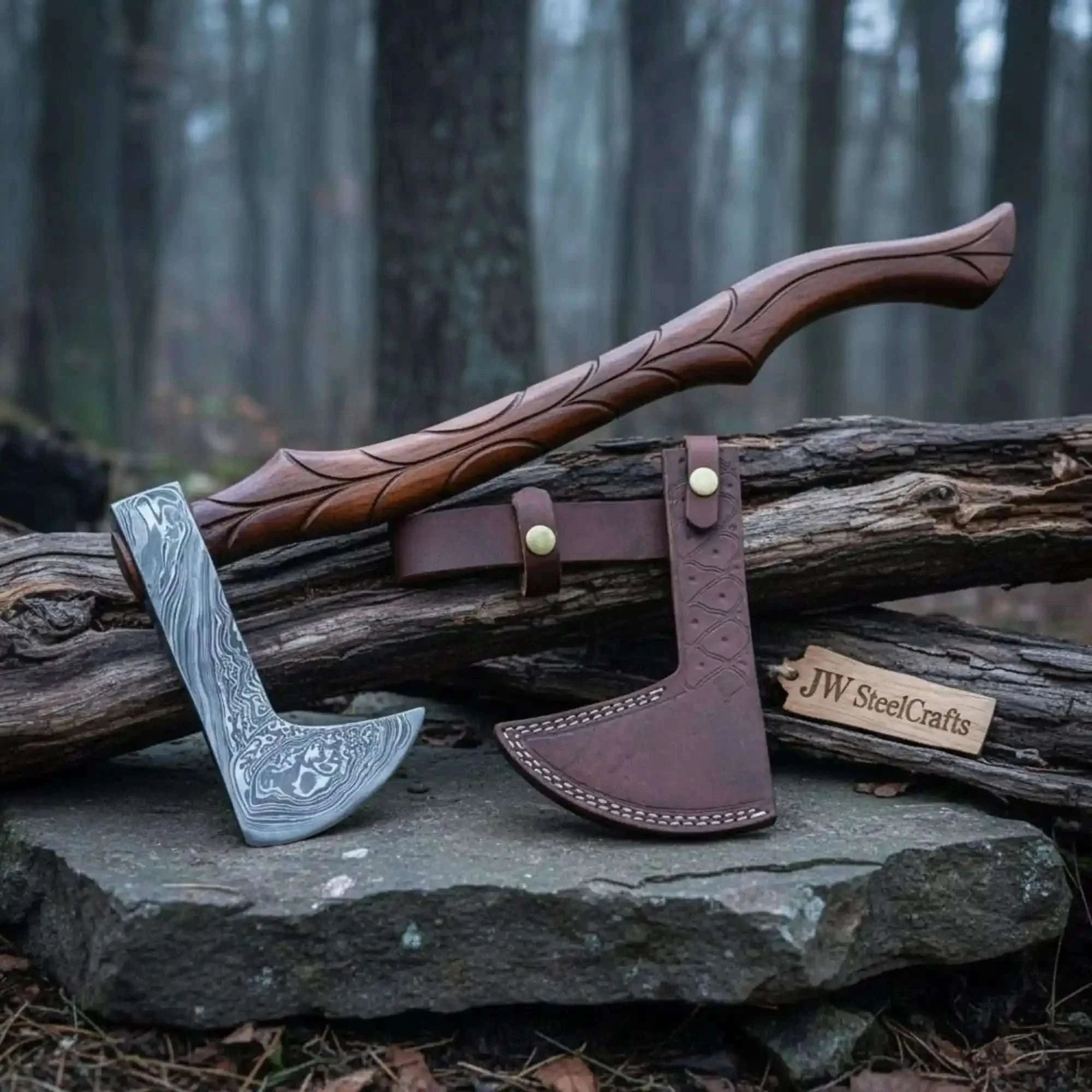 Palmarius Outdoors Custom Handmade Damascus steel Viking axe With Pure Leather sheath Handmade Axe