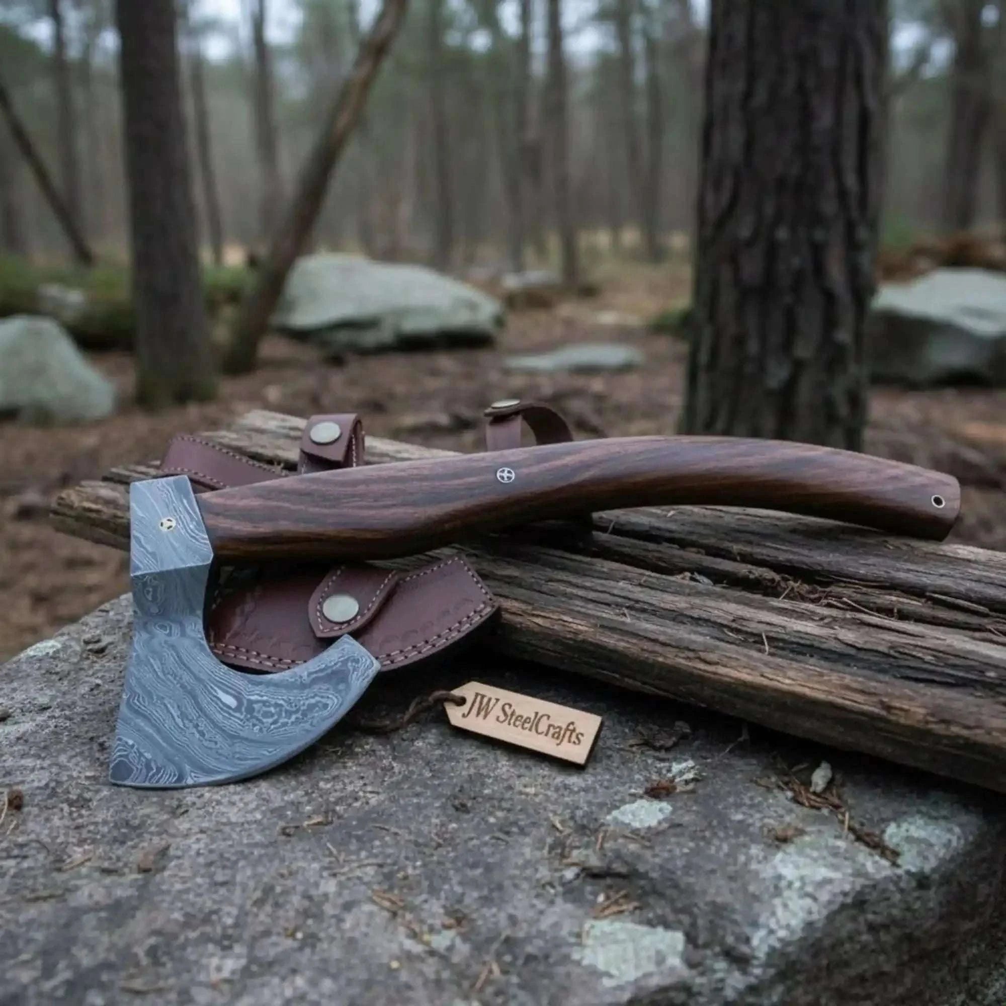 Palmarius Outdoors Vornska Damascus Bushcraft Hatchet with Hooked Bearded Head Handmade Axe
