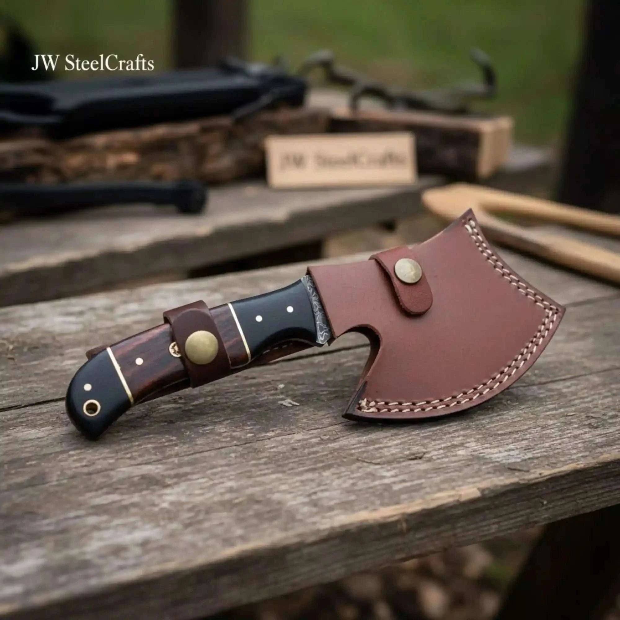 Palmarius Outdoors Kaelwyn Damascus Cleaver Hatchet with Layered Wood Scales Handmade Axe
