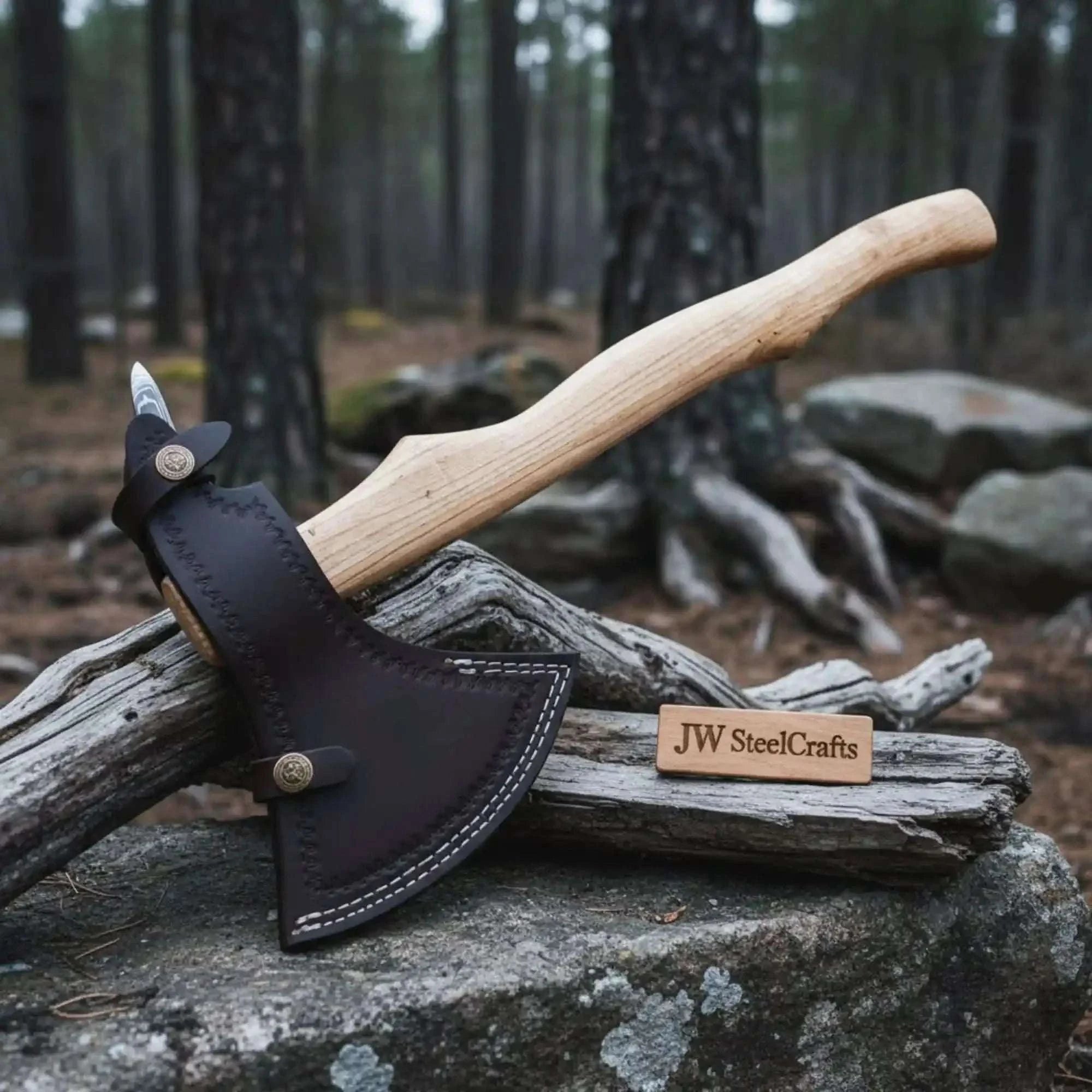 Palmarius Outdoors Damascus Camping Axe with 22 Inch Ash Handle – Hand Forged Bushcraft Axe with Leather Sheath | JW SteelCrafts Handmade Axe