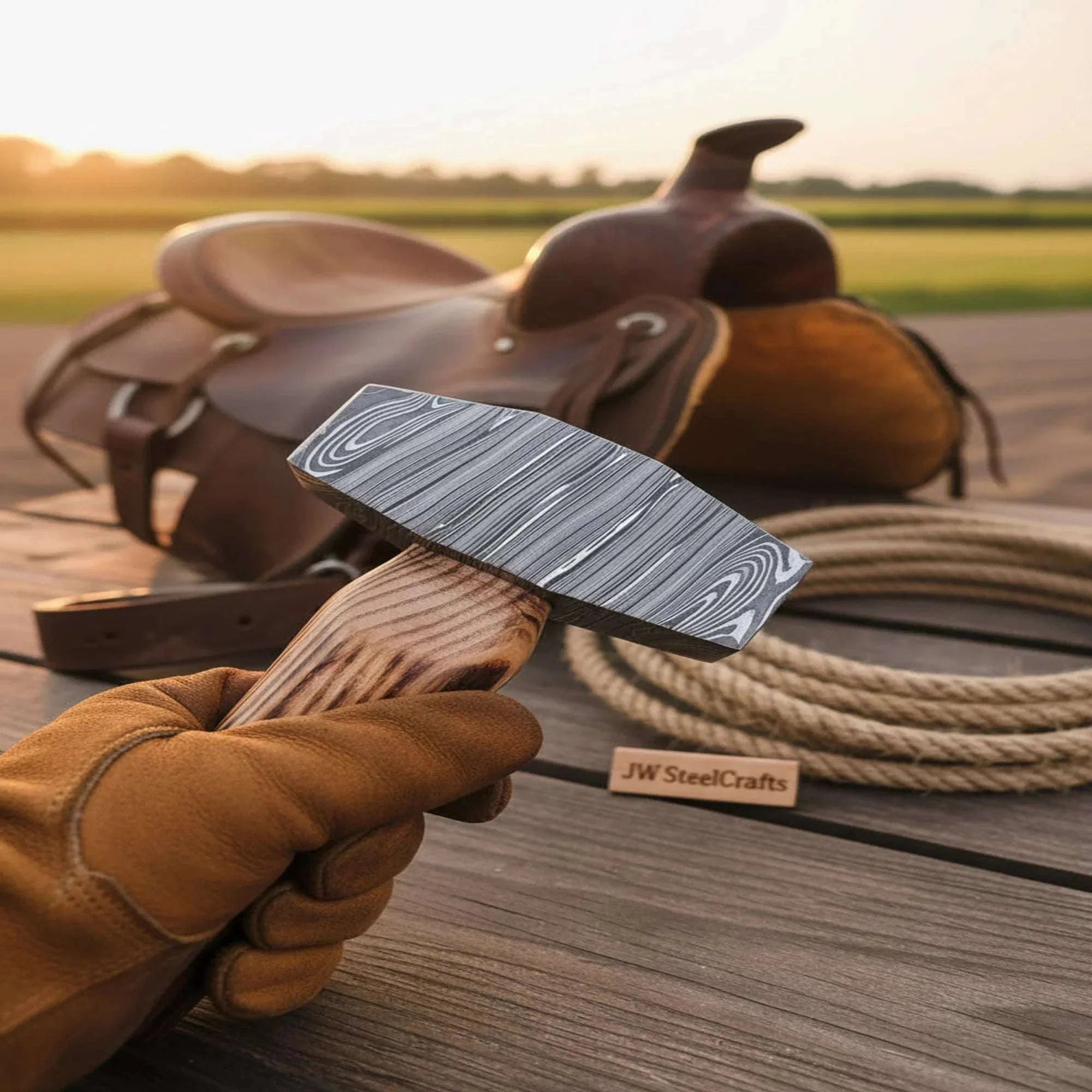 Palmarius Outdoors Octagonal Damascus Drilling Hammer with Natural Wood Handle Handmade Axe