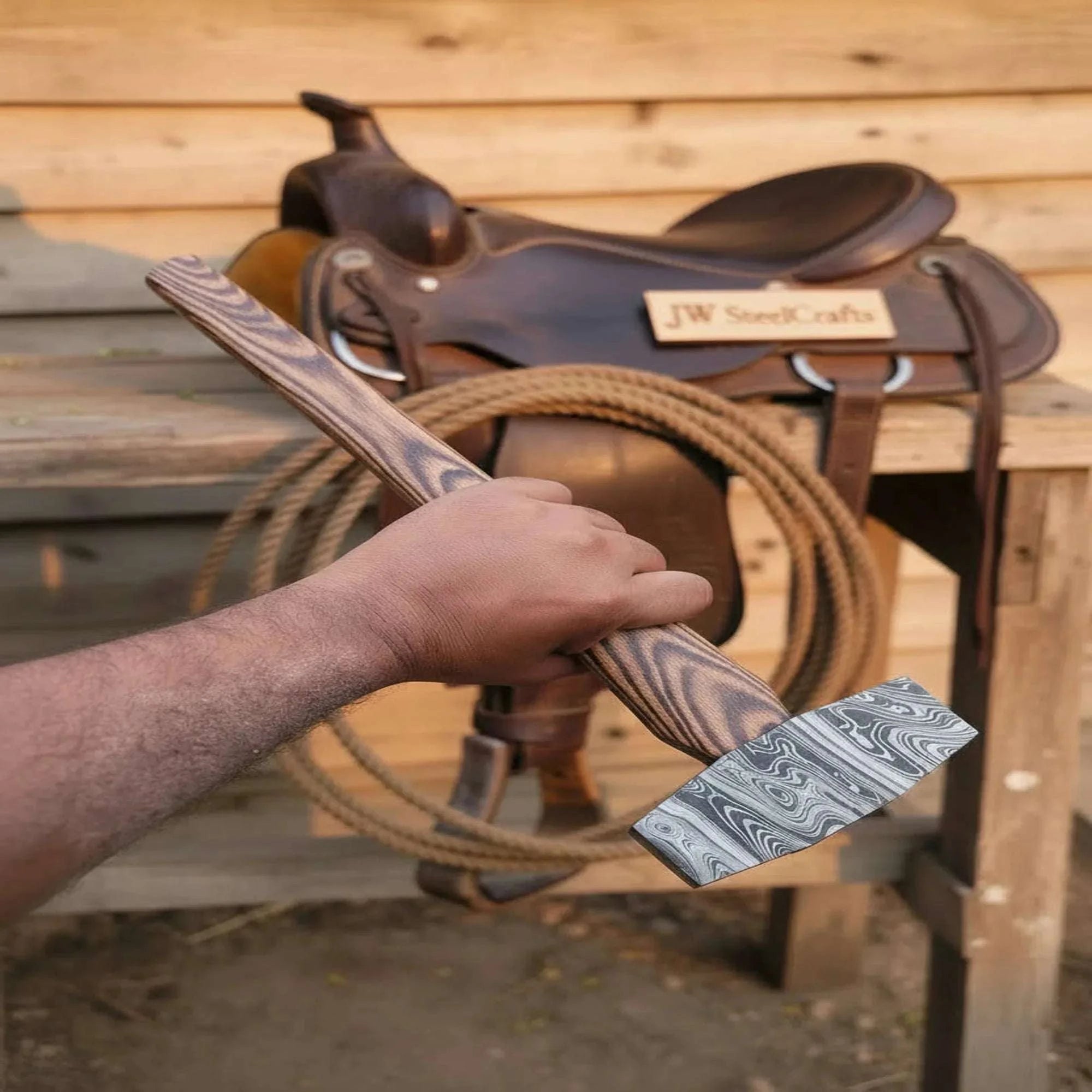 Palmarius Outdoors Octagonal Damascus Drilling Hammer with Natural Wood Handle Handmade Axe