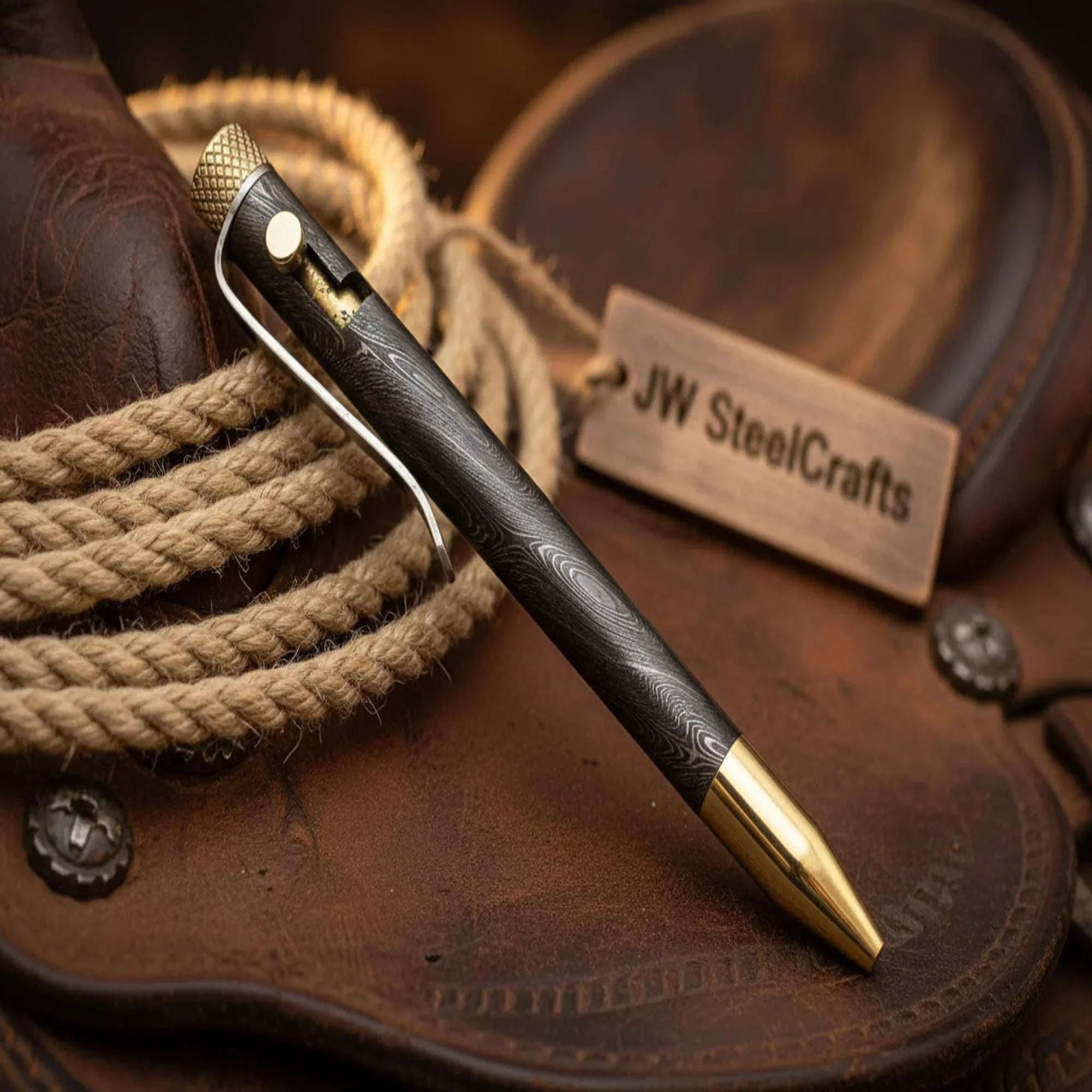 Palmarius Outdoors Damascus Skinny Bolt Action Pen with Slim Forged Barrel Damascus Pen
