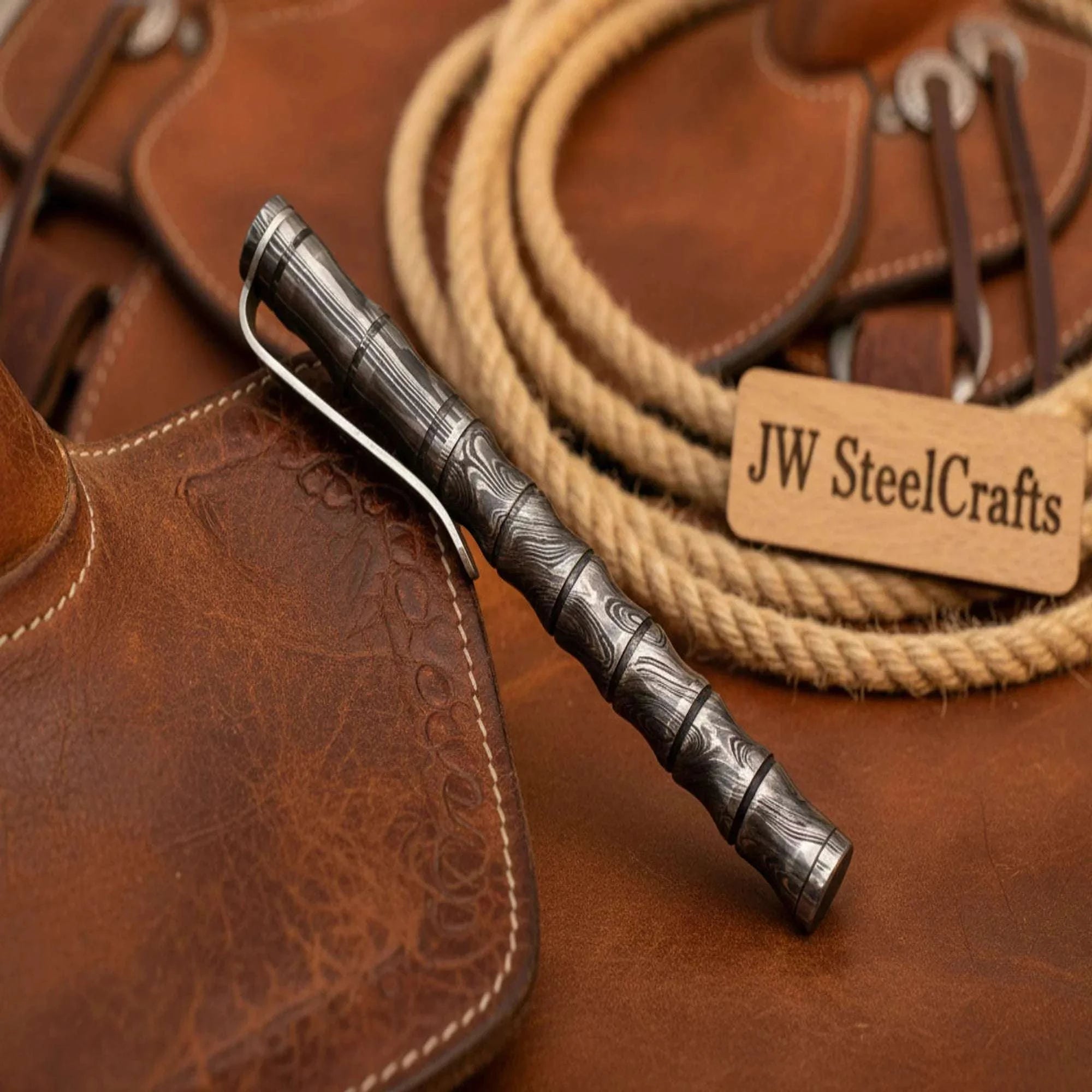Palmarius Outdoors Bamboo Style Damascus Pen with Sculpted Node Body and Steel Clip Damascus Pen