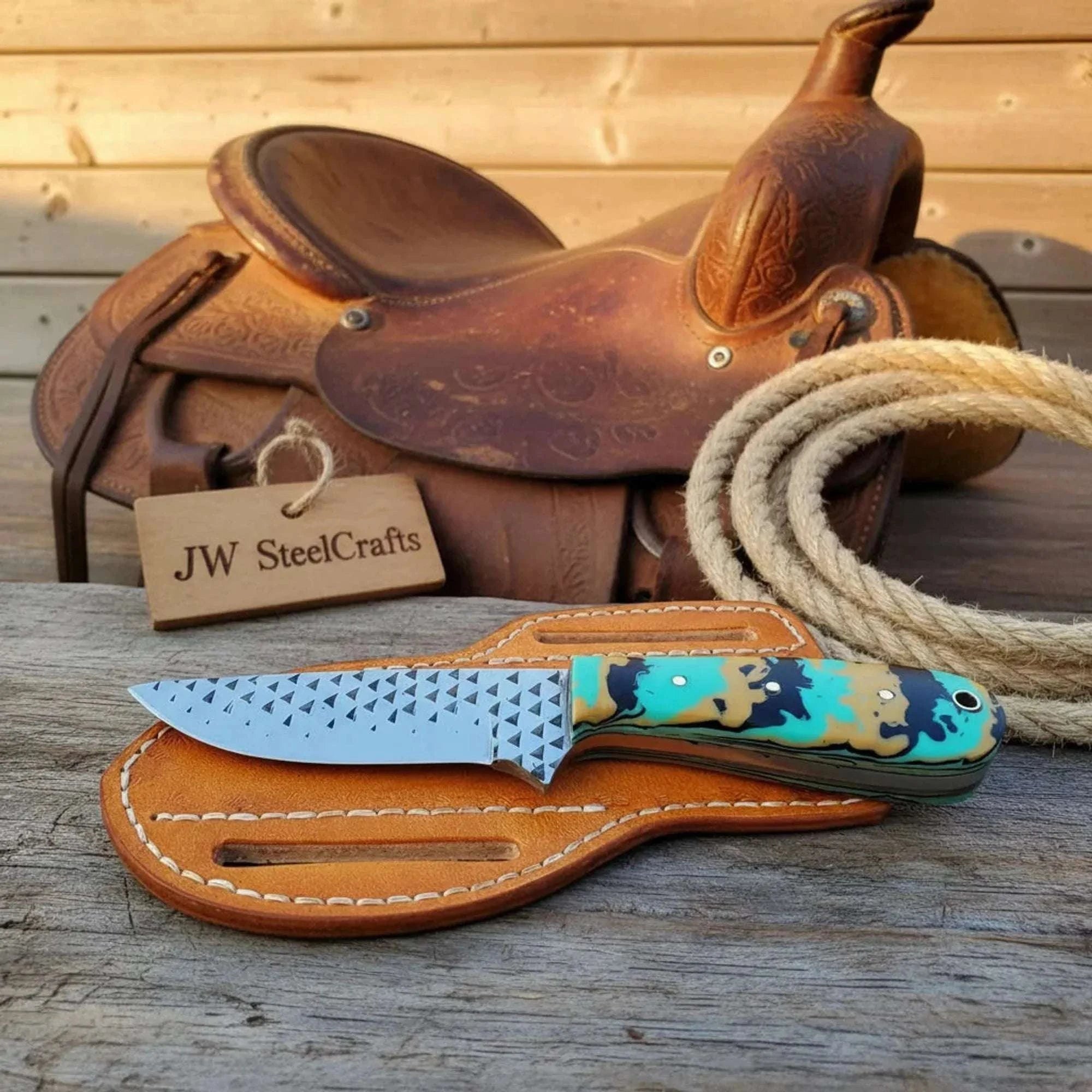Palmarius Outdoors Farrier Rasp Camo Cowboy Knife 7" with Camo Resin Handle Damascus-Style Blade 